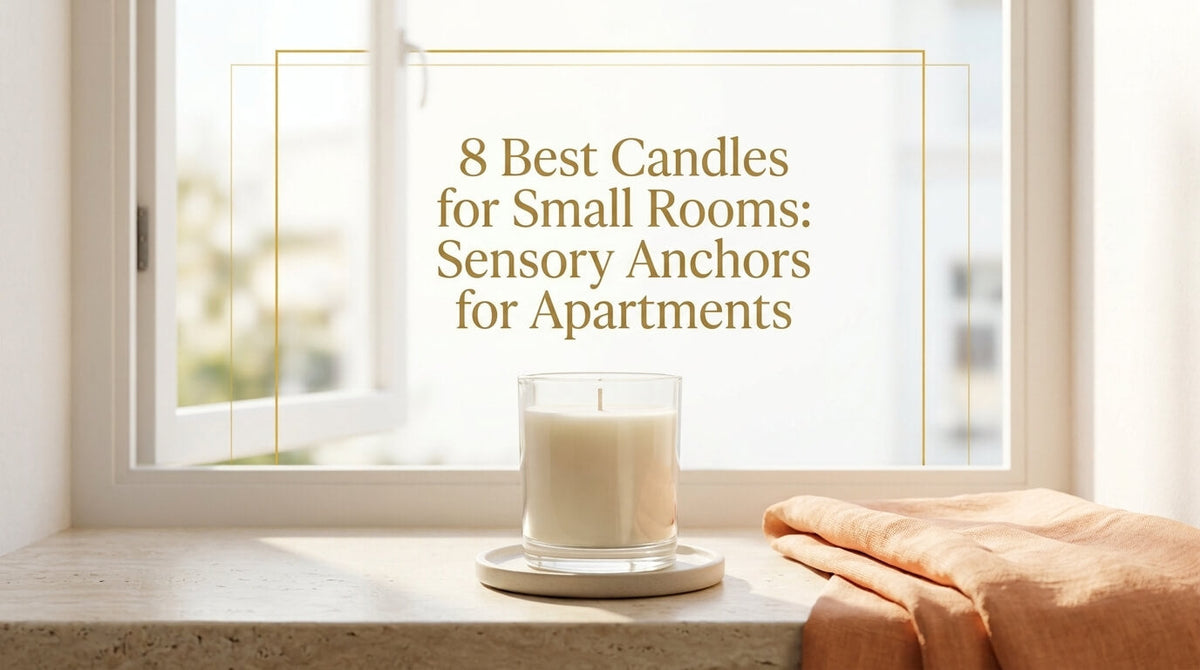 A white candle in a clear glass container sitting on a coaster on a windowsill next to a folded peach-colored cloth.