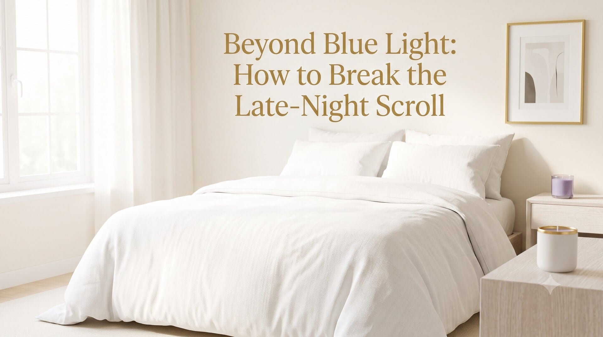 A serene bedroom with a cozy white bed, a nightstand with candles, and a large text overlay reading "Beyond Blue Light: How to Break the Late-Night Scroll".