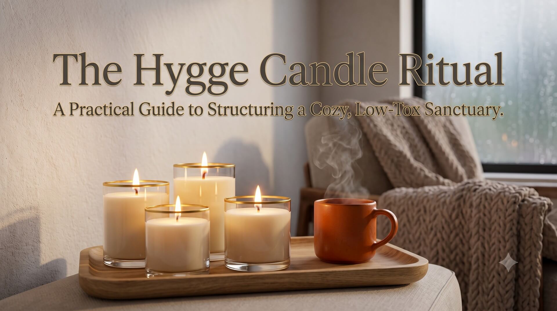 Cozy image of four candles and a steaming mug, titled 'The Hygge Candle Ritual: A Practical Guide to Structuring a Cozy, Low-Tox Sanctuary'.