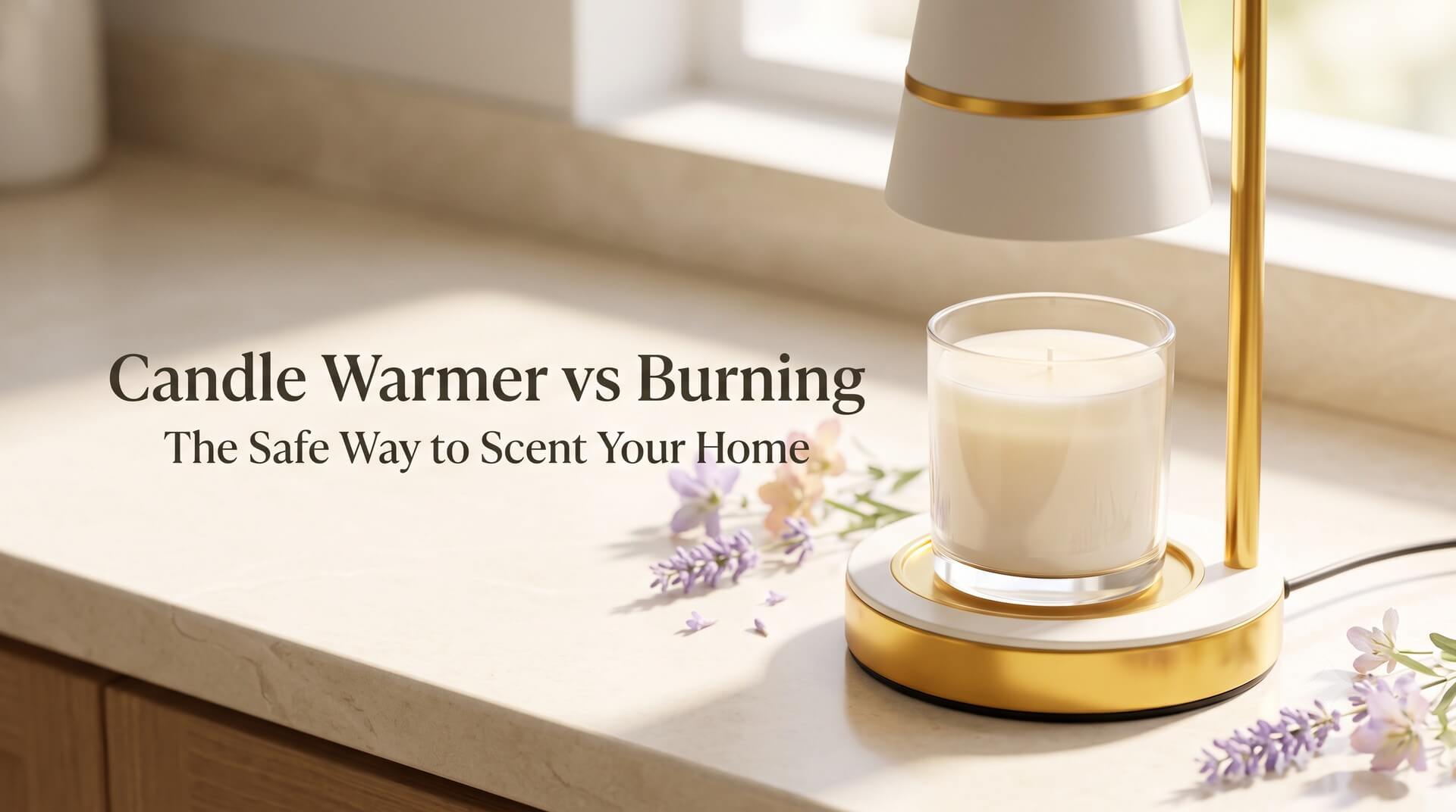 An elegant setting with a candle warmer lamp and a lit candle on a marble countertop, titled "Candle Warmer vs Burning: The Safe Way to Scent Your Home."