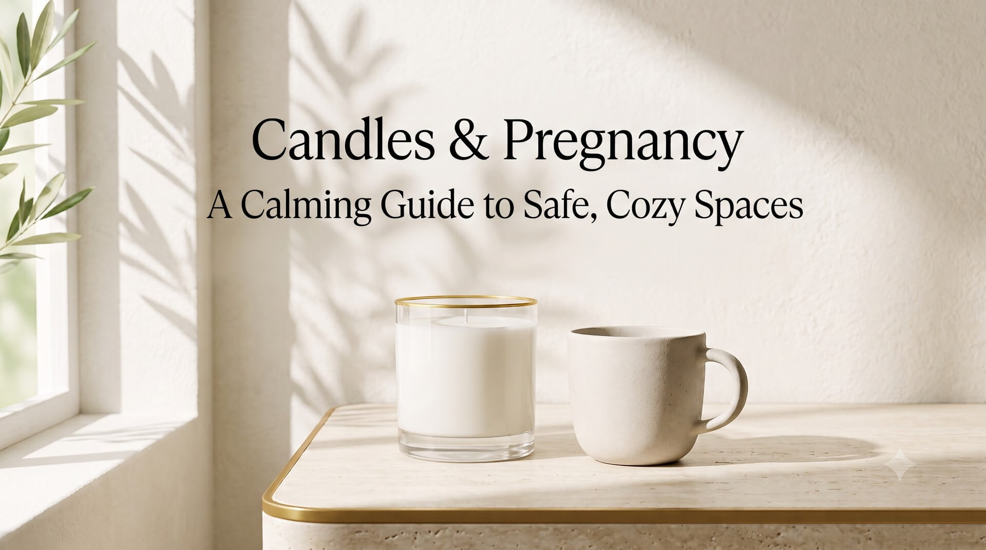 A calming and minimalist scene with a white candle and ceramic mug, titled 'Candles & Pregnancy: A Calming Guide to Safe, Cozy Spaces'.