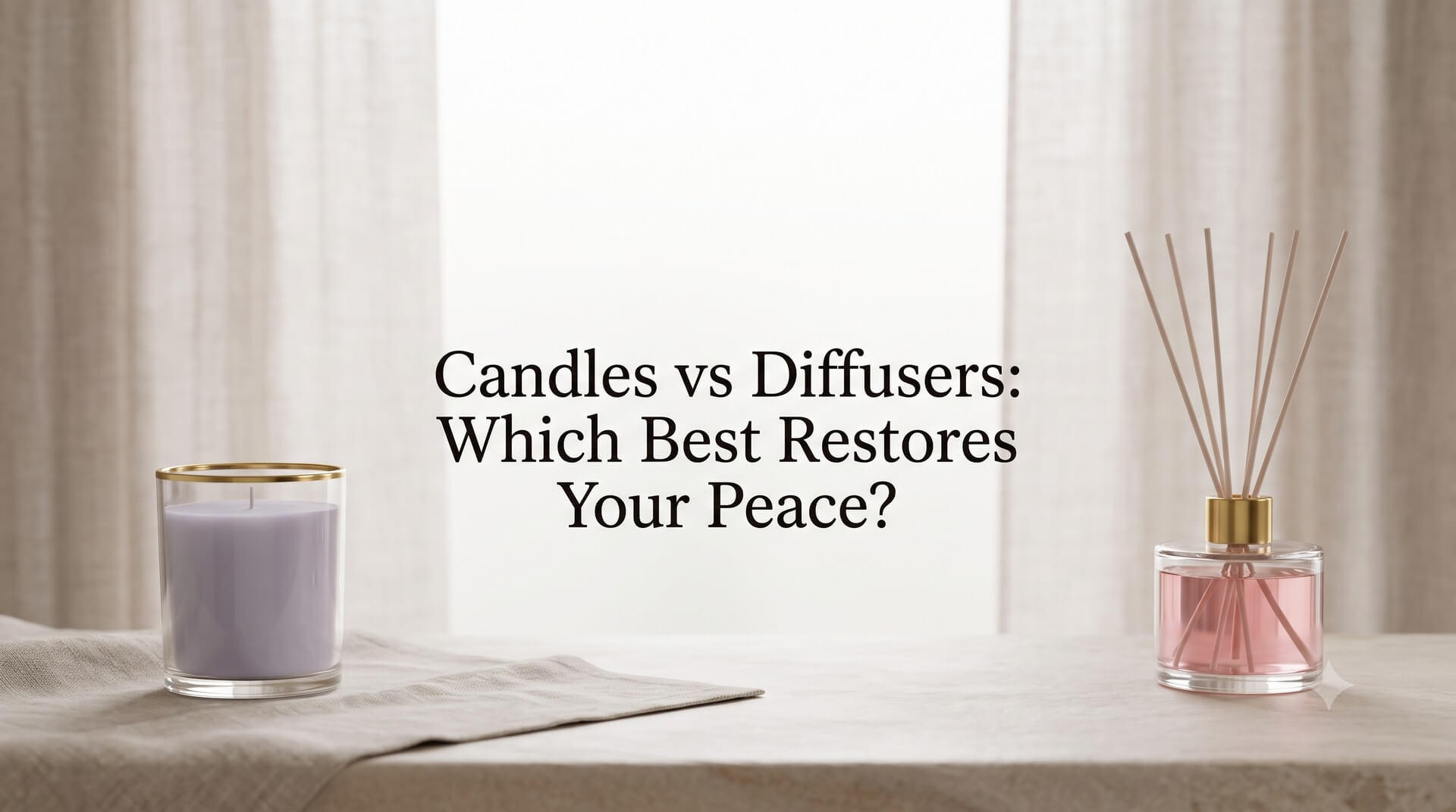 A minimalist setup showing a lavender candle in a glass jar on the left and a reed diffuser with pink liquid on the right, with the text "Candles vs Diffusers: Which Best Restores Your Peace?".