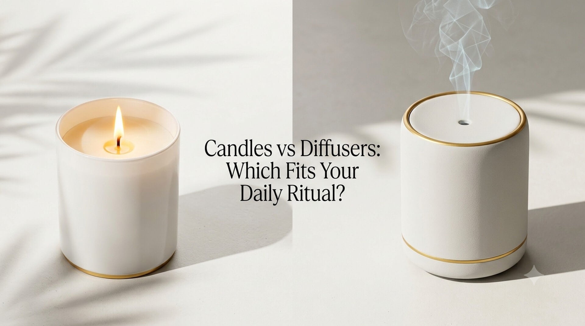 Comparison image titled 'Candles vs Diffusers: Which Fits Your Daily Ritual?' showing a lit candle next to an active misting diffuser.