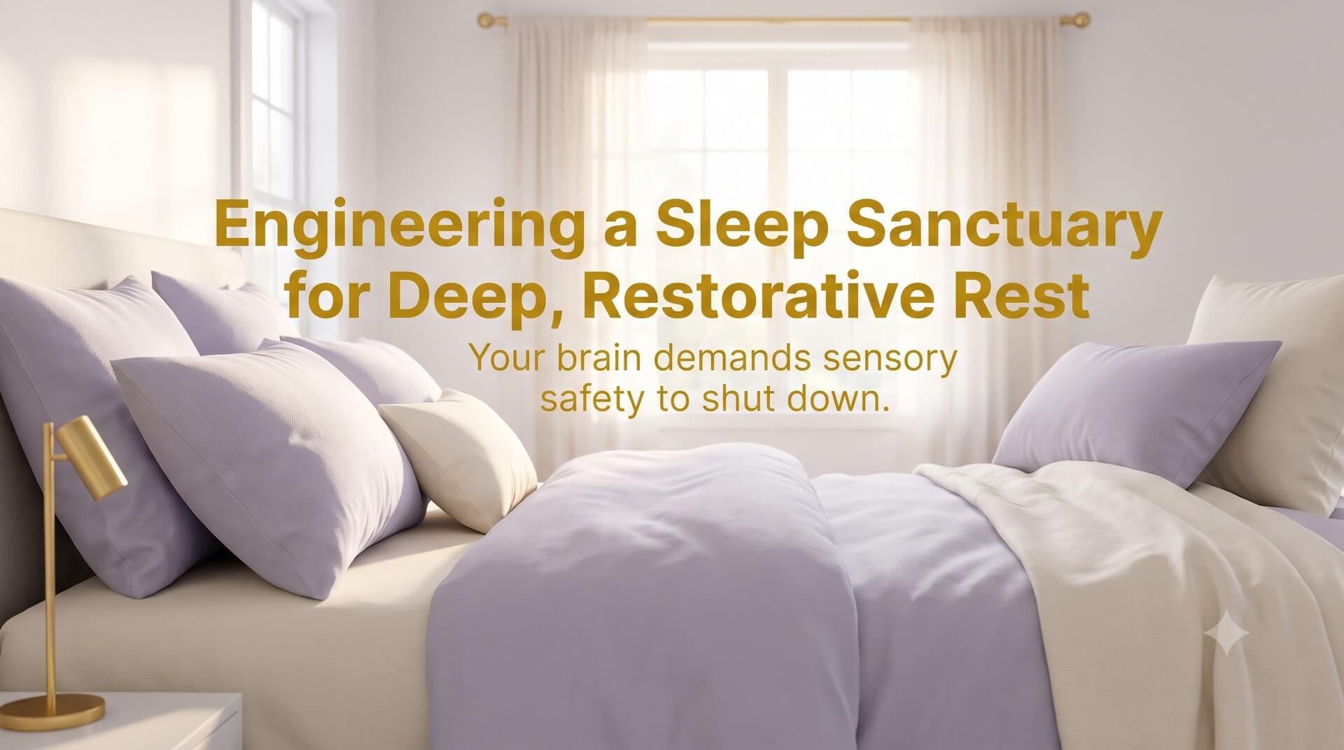 A beautifully made bed with soft lavender pillows and blankets in a bright, airy bedroom, featuring the text "Engineering a Sleep Sanctuary for Deep, Restorative Rest".