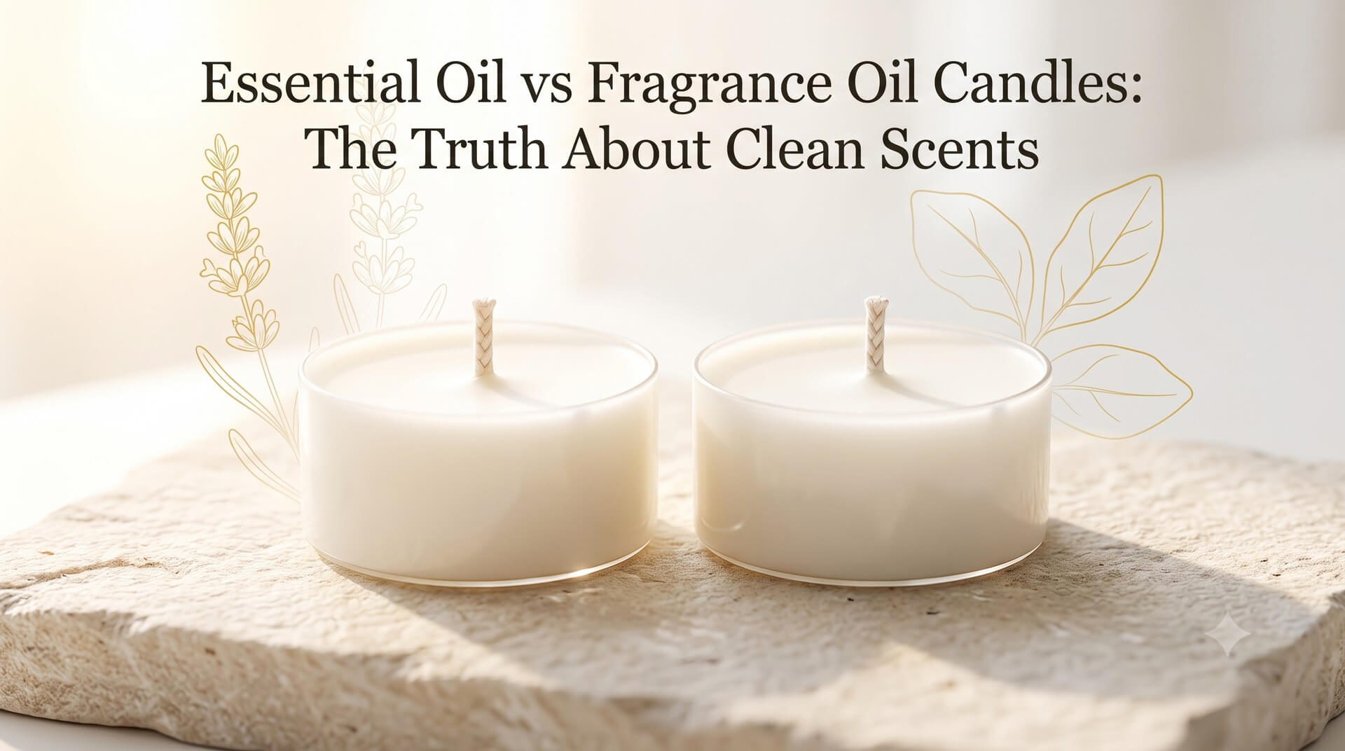 Two white candles on a stone surface with botanical illustrations. Title: "Essential Oil vs Fragrance Oil Candles: The Truth About Clean Scents."