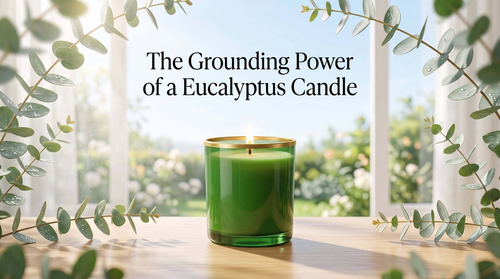 Lit green eucalyptus candle on a wooden table with fresh eucalyptus branches. Title: "The Grounding Power of a Eucalyptus Candle."