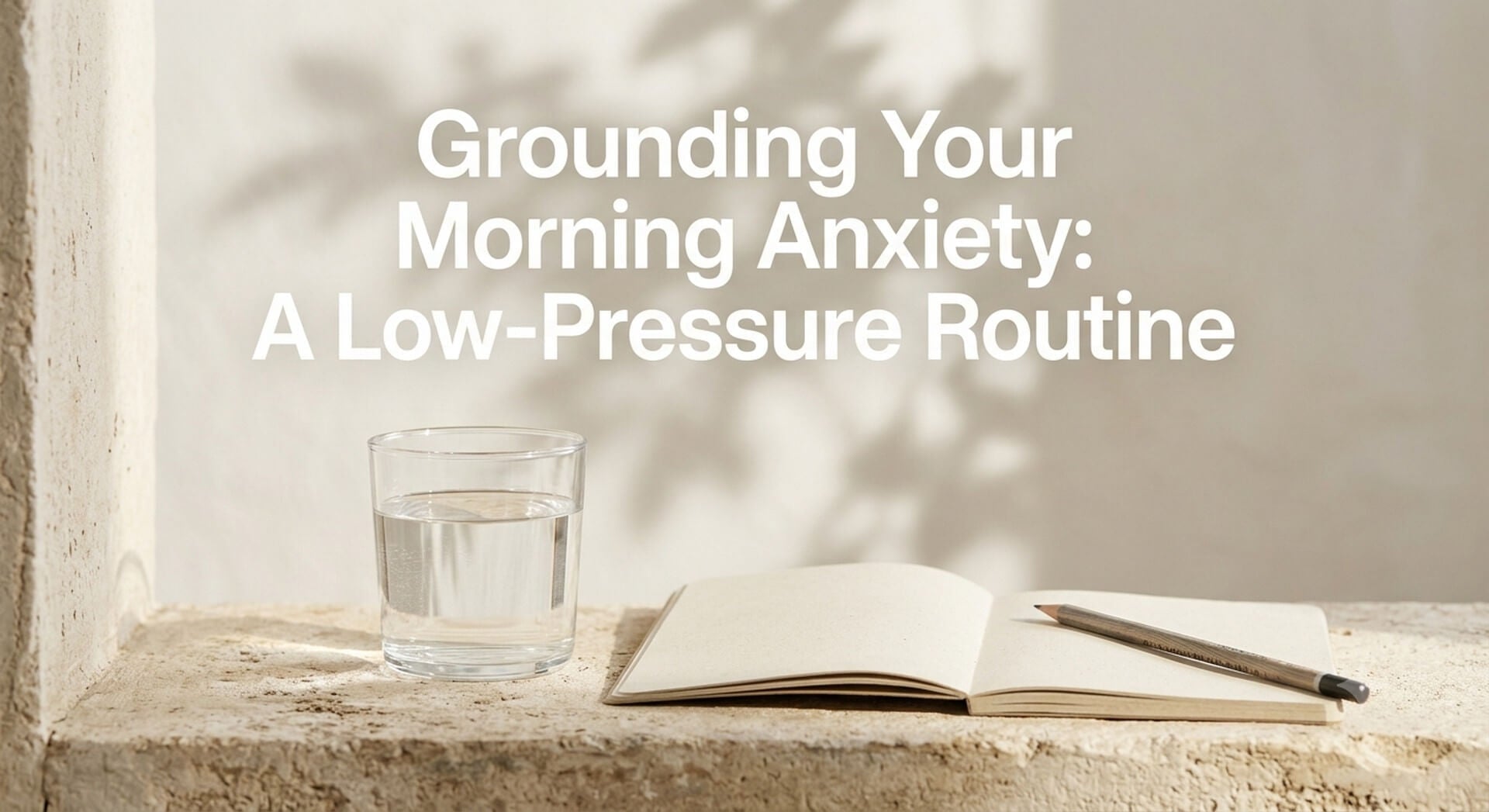Image titled 'Grounding Your Morning Anxiety: A Low-Pressure Routine' featuring glass of water and open notebook for calm morning ritual.