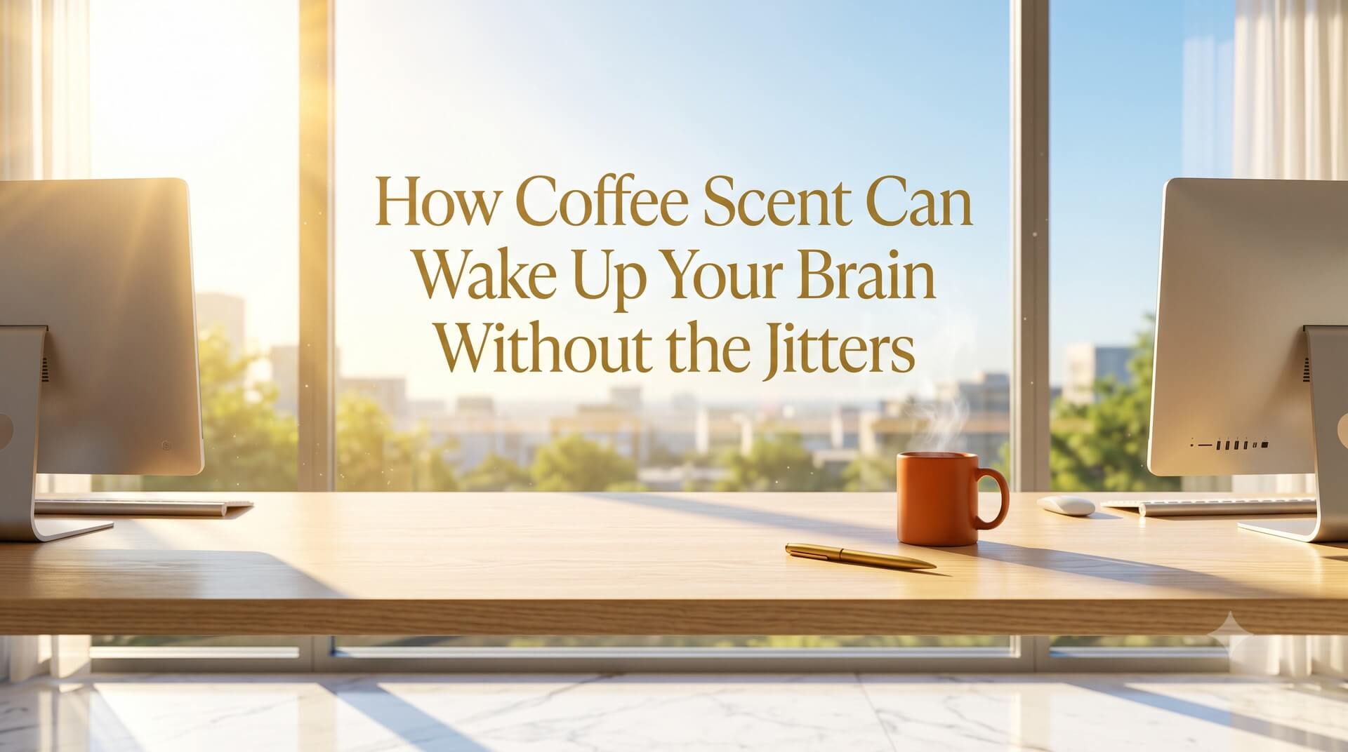 A modern wooden office desk facing a large window with a steaming orange mug and a pen, featuring the text "How Coffee Scent Can Wake Up Your Brain Without the Jitters".