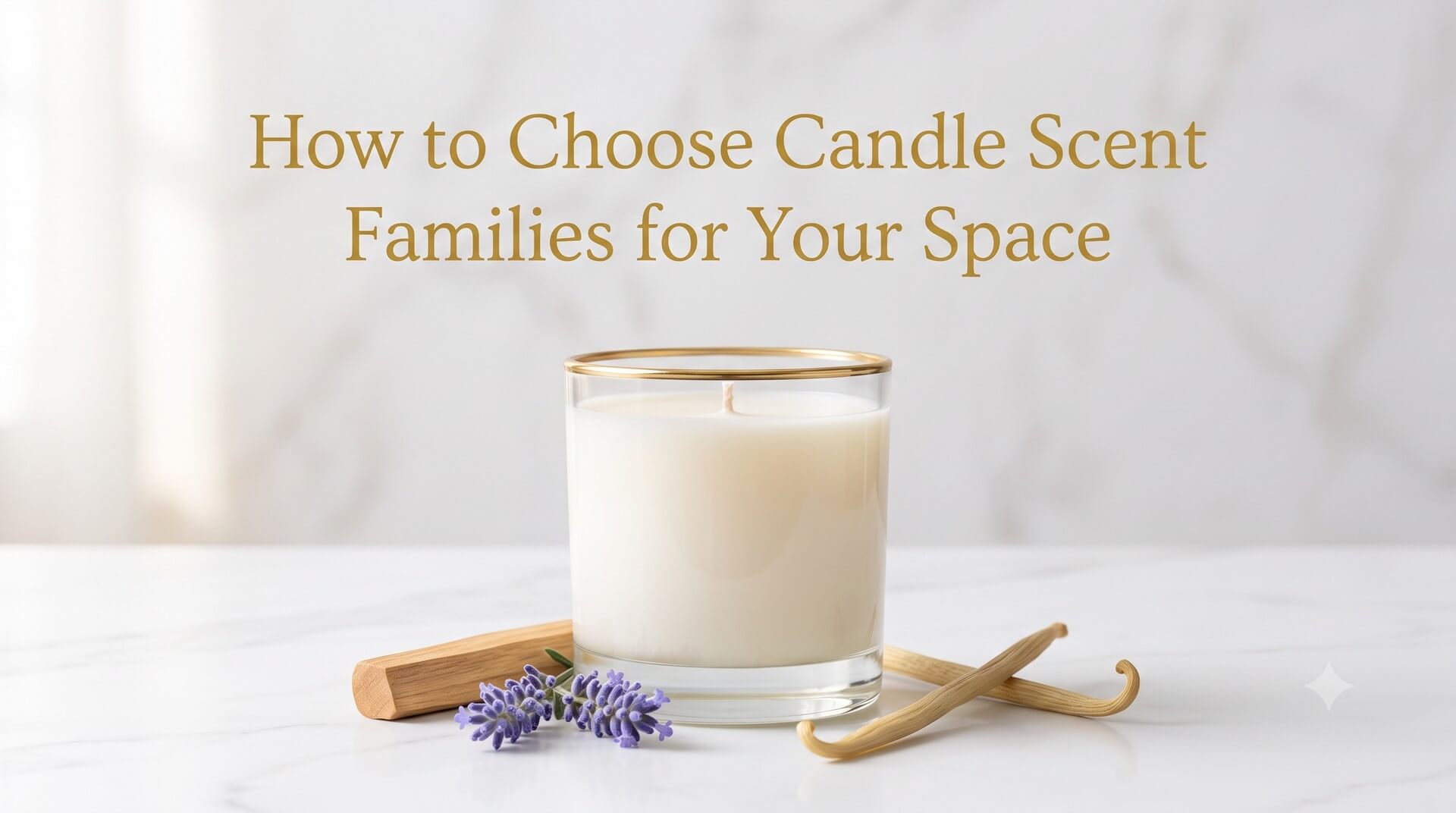 A white candle in a gold-rimmed glass jar on a marble table, flanked by lavender flowers, vanilla beans, and a stick of palo santo wood, under the text "How to Choose Candle Scent Families for Your Space".