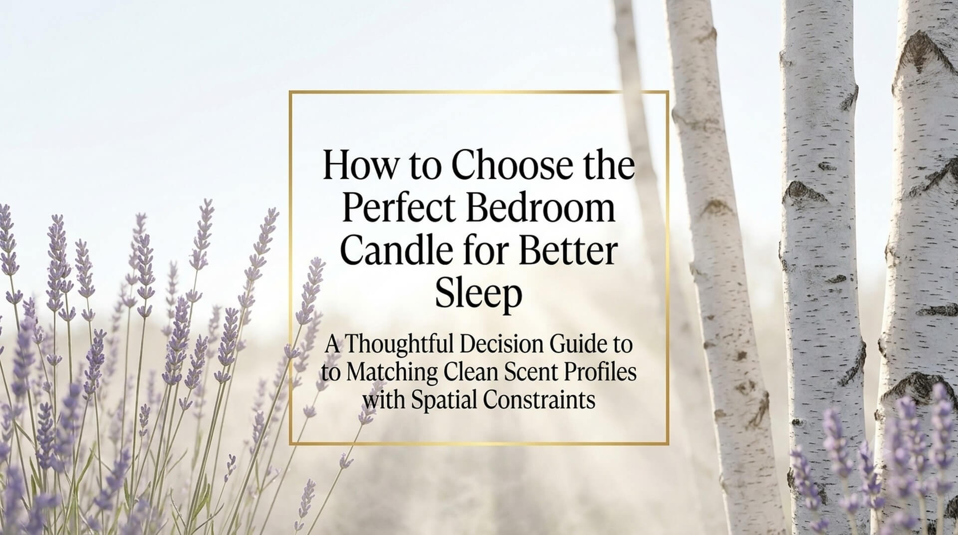 Image titled 'How to Choose the Perfect Bedroom Candle for Better Sleep' with lavender field and birch trees for restful sleep atmosphere.