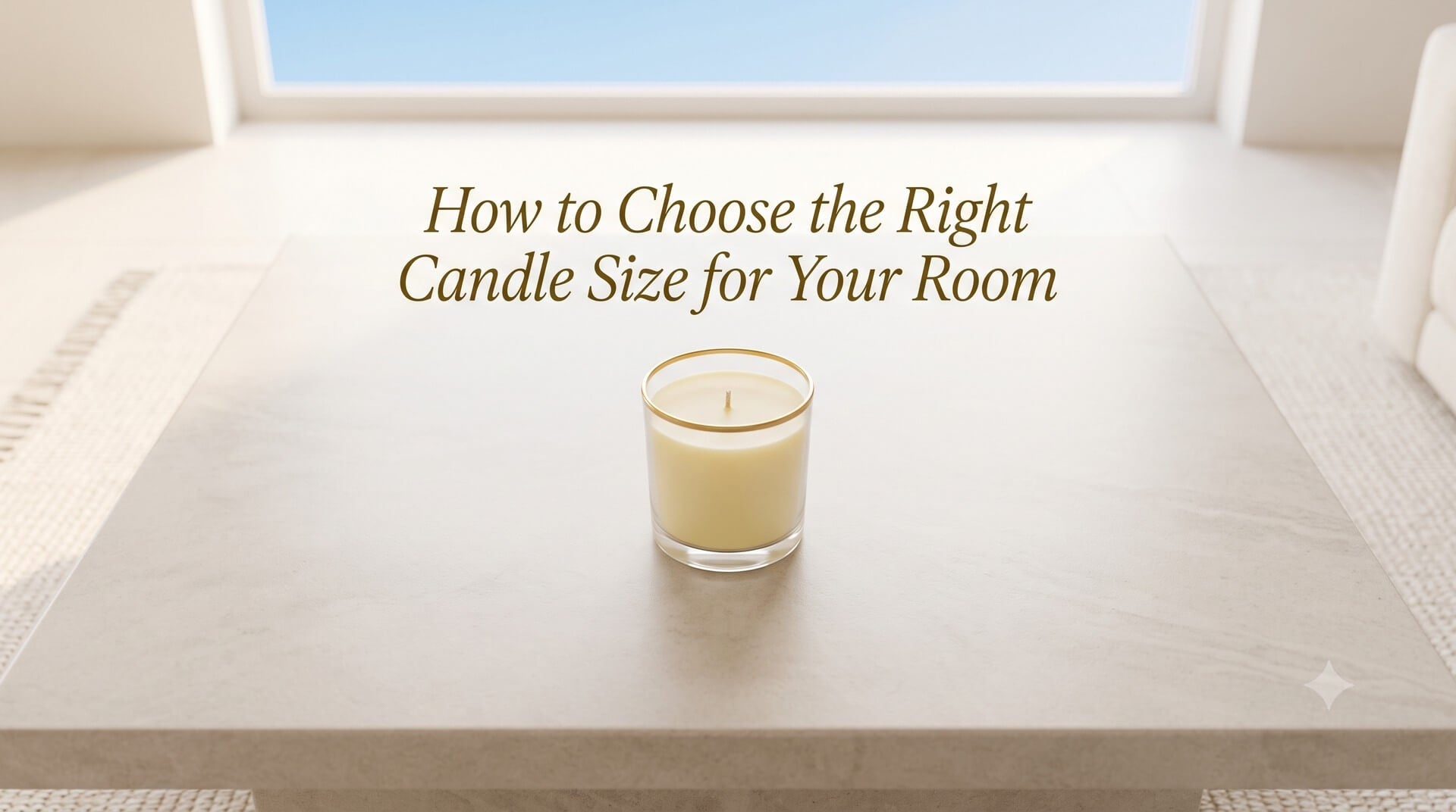 A single small cream-colored candle in a gold-rimmed glass jar sitting on a large square marble coffee table in a bright modern living room, with the text "How to Choose the Right Candle Size for Your Room".