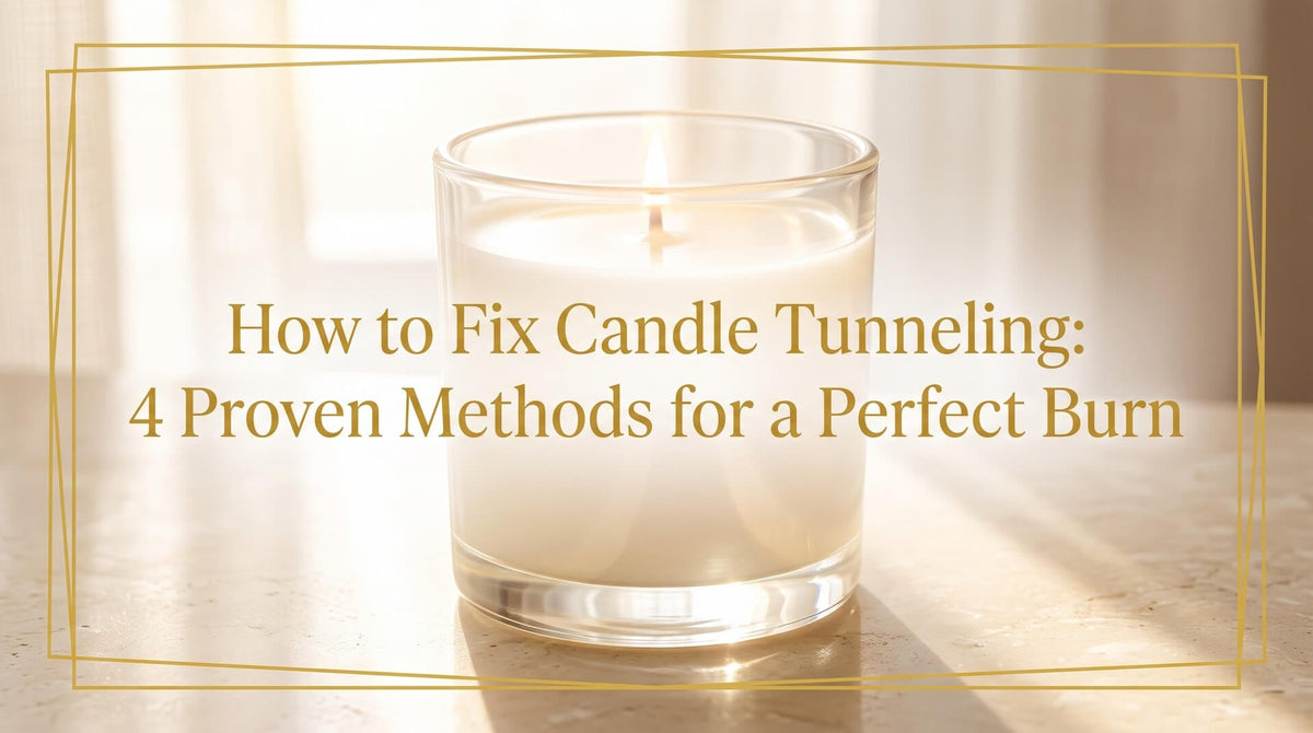A glowing single-wick glass candle glowing brightly on a textured surface in natural sunlight, featuring gold headline text framed by thin borders.