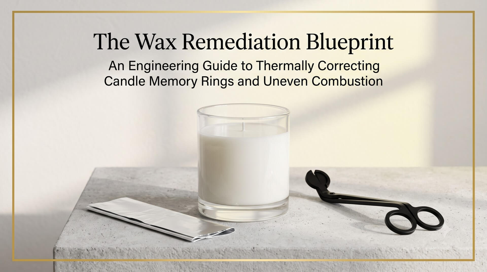 Graphic titled 'The Wax Remediation Blueprint: An Engineering Guide to Thermally Correcting Candle Memory Rings and Uneven Combustion' showing a candle, foil, and wick trimmer.