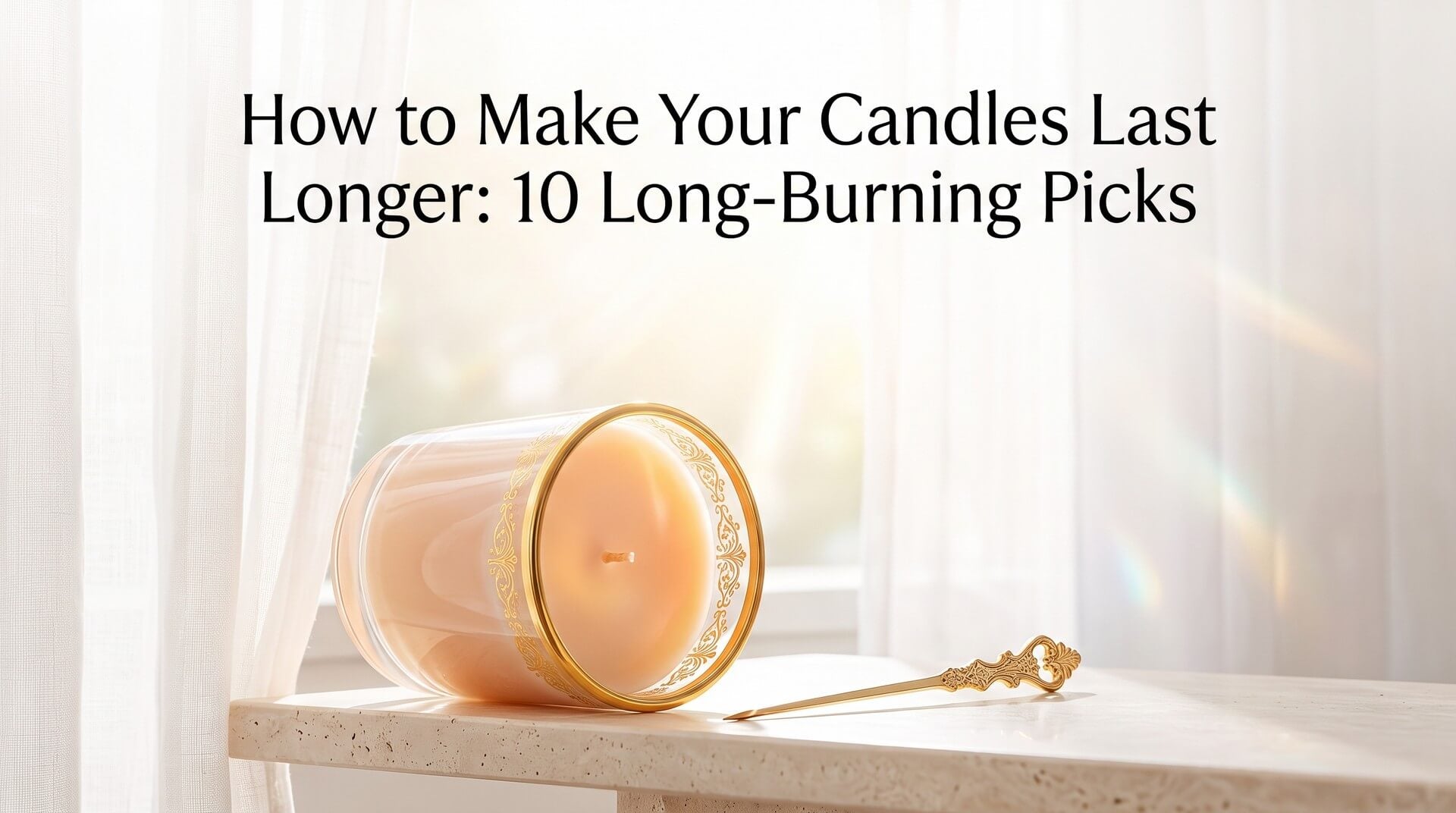 A cream-colored candle with a gold patterned rim lying next to an ornate gold candle trimmer in front of a bright window.