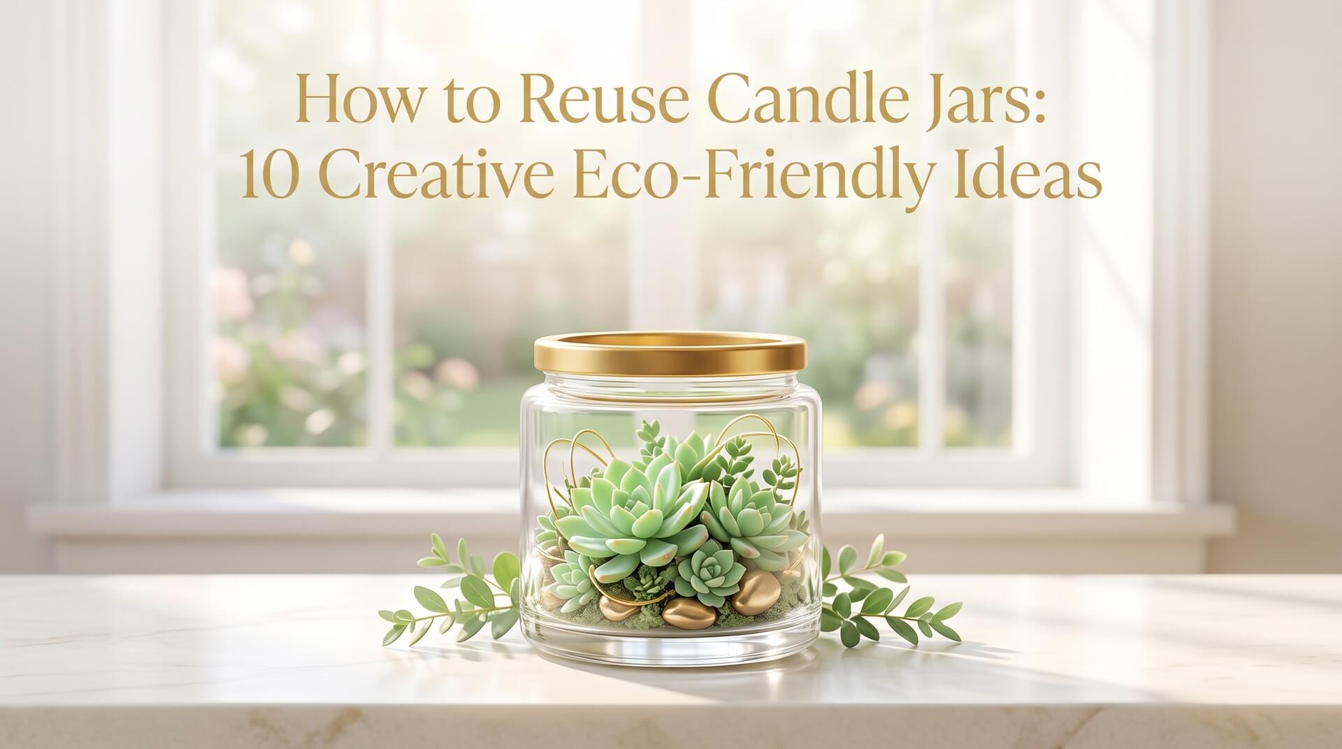 A clear glass candle jar repurposed as a mini terrarium containing small succulents and gold pebbles on a marble surface.