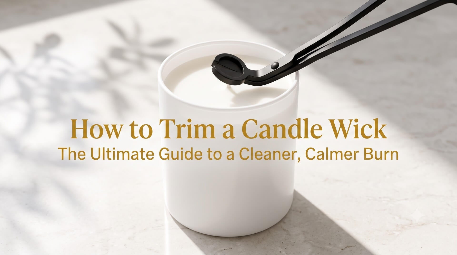 A white candle being trimmed with black metal wick trimmers, titled "How to Trim a Candle Wick: The Ultimate Guide to a Cleaner, Calmer Burn."
