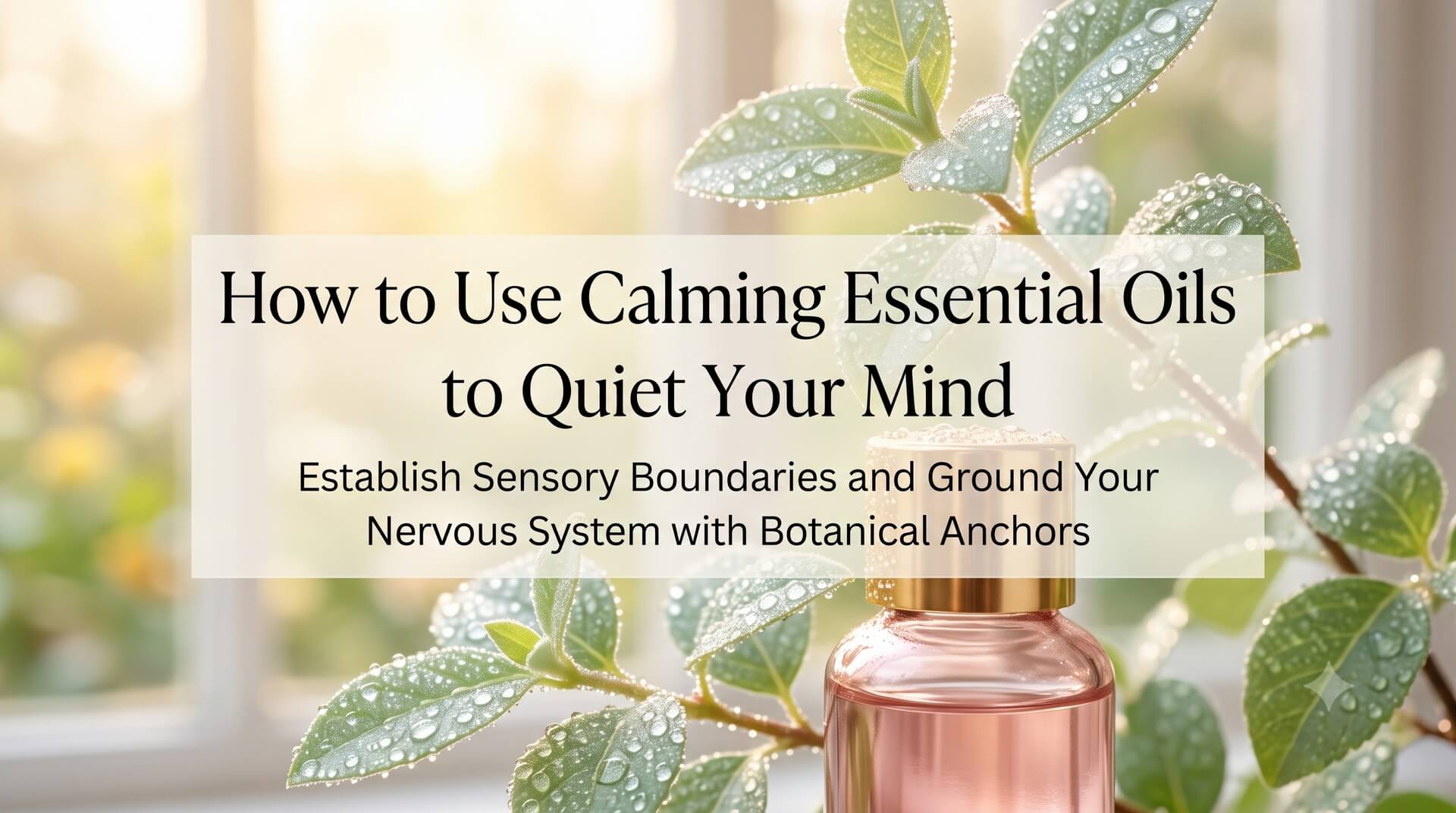 Pink essential oil bottle with gold cap surrounded by fresh green leaves with water droplets. Overlay text: "How to Use Calming Essential Oils to Quiet Your Mind – Establish Sensory Boundaries and Ground Your Nervous System with Botanical Anchors."
