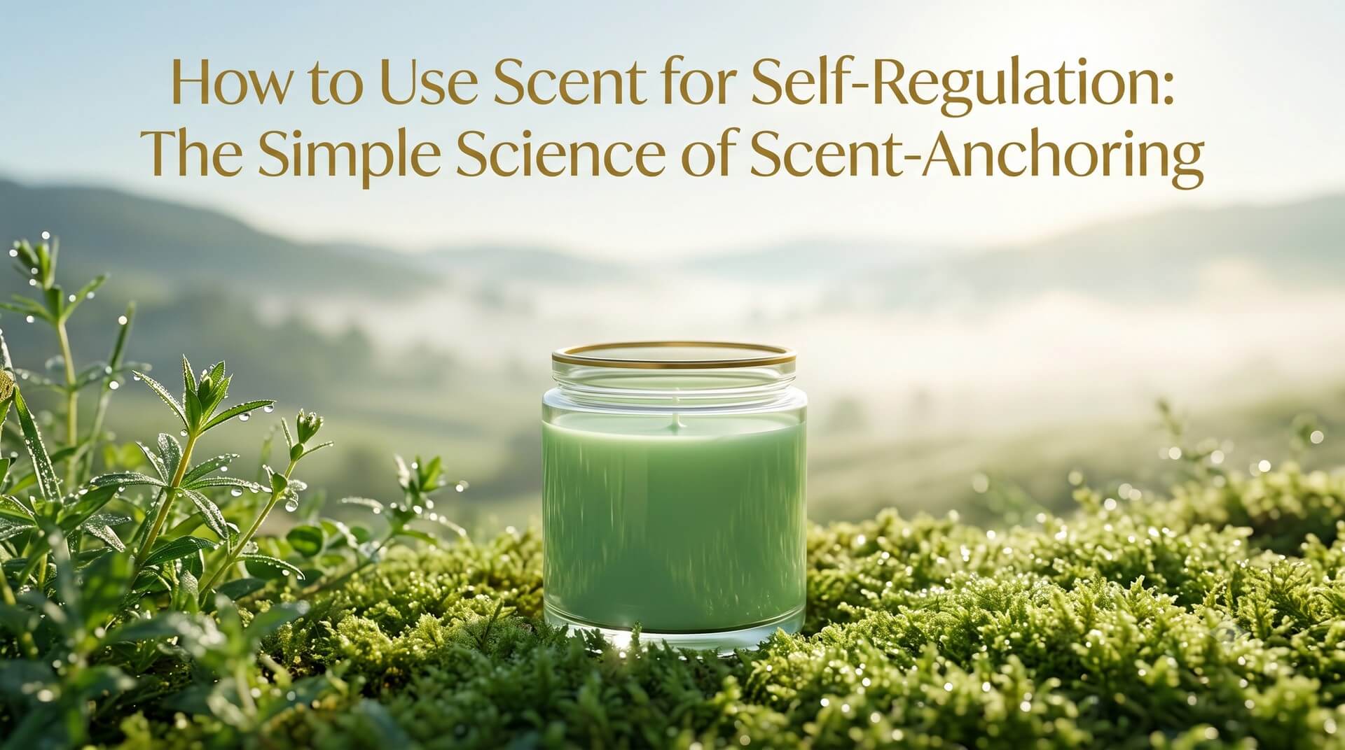 A light green candle in a glass jar resting on a bed of green moss with a scenic misty mountain background, featuring the text "How to Use Scent for Self-Regulation: The Simple Science of Scent-Anchoring".