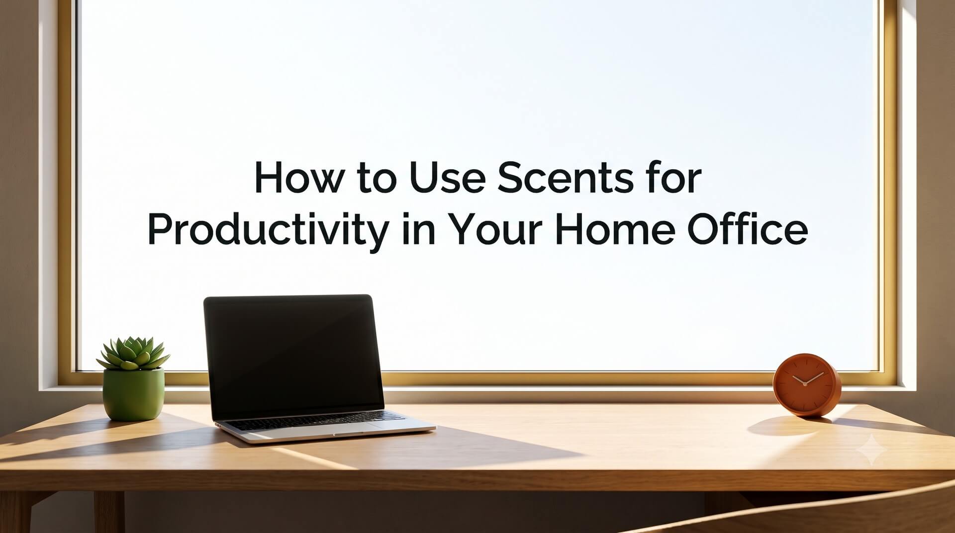 A bright minimalist home office desk with an open laptop, a small green succulent plant, and an orange clock by a sunny window, featuring the text "How to Use Scents for Productivity in Your Home Office".