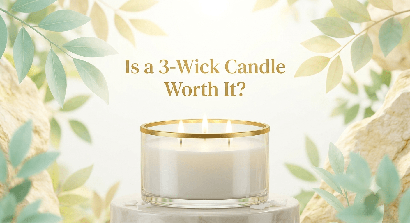 Lit three-wick candle on a marble pedestal surrounded by green leaves and stones. Elegant title: "Is a 3-Wick Candle Worth It?"