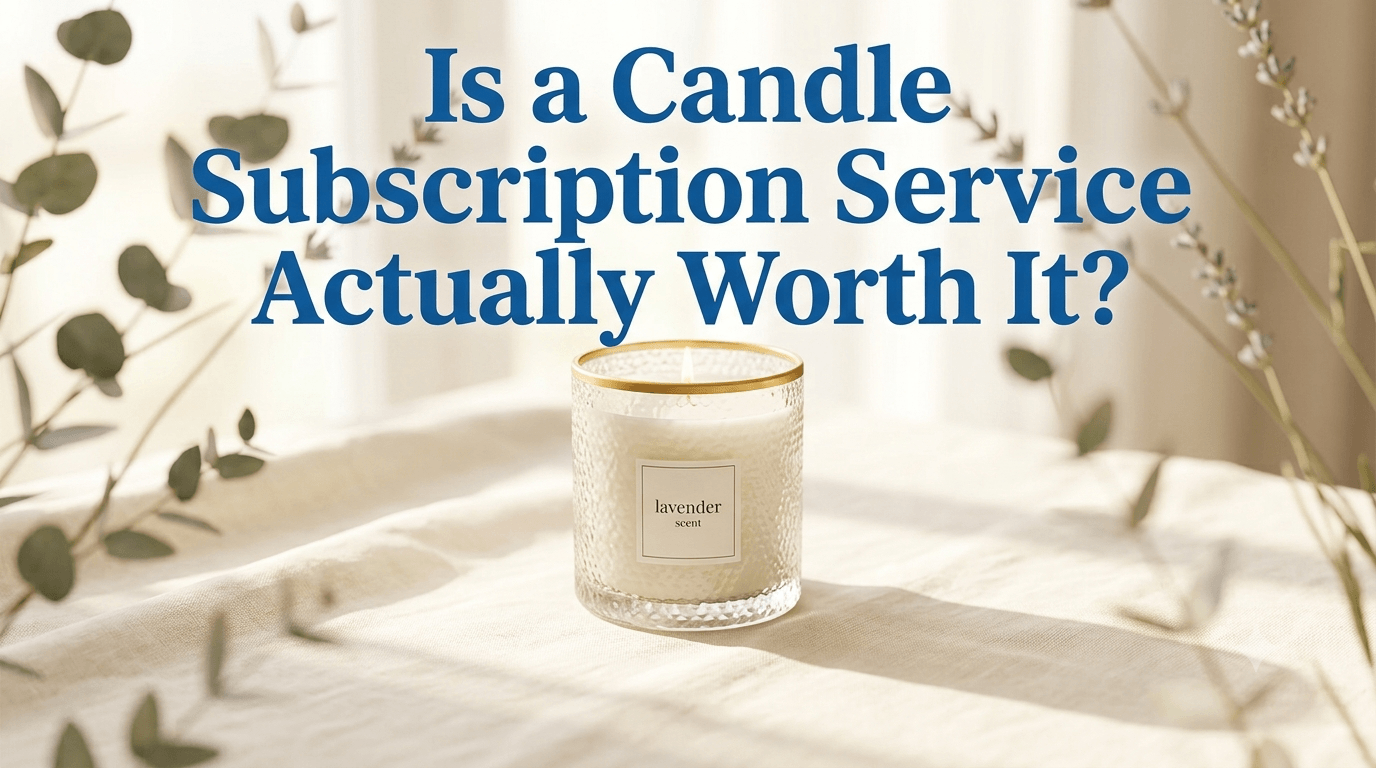 Elegant lavender-scented candle on white fabric with eucalyptus and dried flowers. Large blue title: "Is a Candle Subscription Service Actually Worth It?"