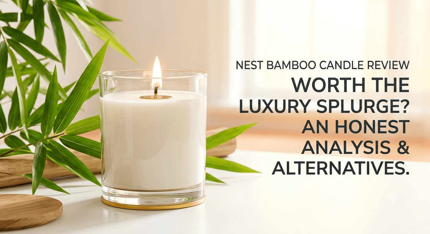 Lit white luxury candle with bamboo leaves. Title: "NEST BAMBOO CANDLE REVIEW – WORTH THE LUXURY SPLURGE? AN HONEST ANALYSIS & ALTERNATIVES."