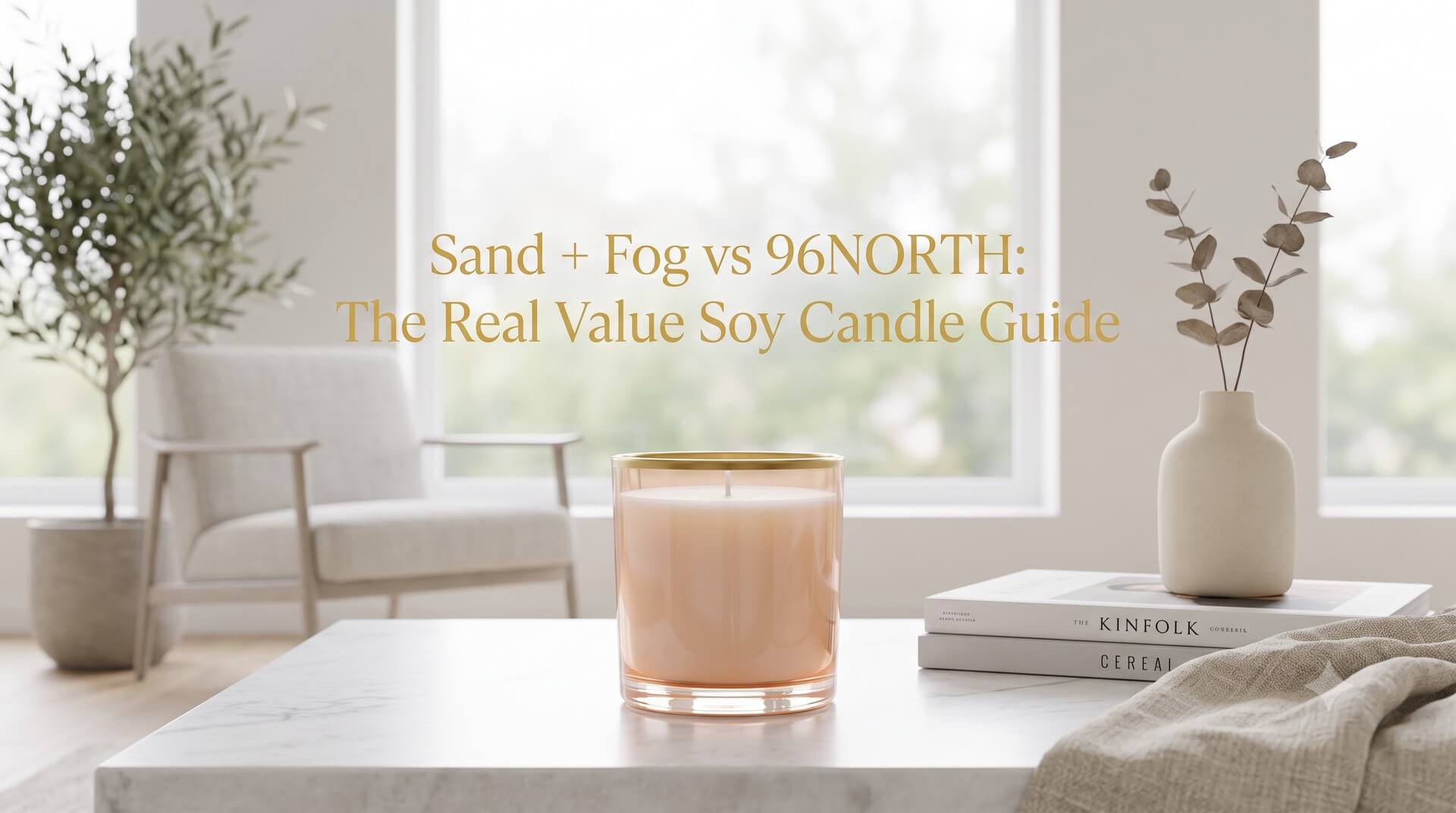 A peach-colored soy candle with a gold rim on a marble coffee table next to stacked books and a eucalyptus vase, featuring the text overlay "Sand + Fog vs 96NORTH: The Real Value Soy Candle Guide".