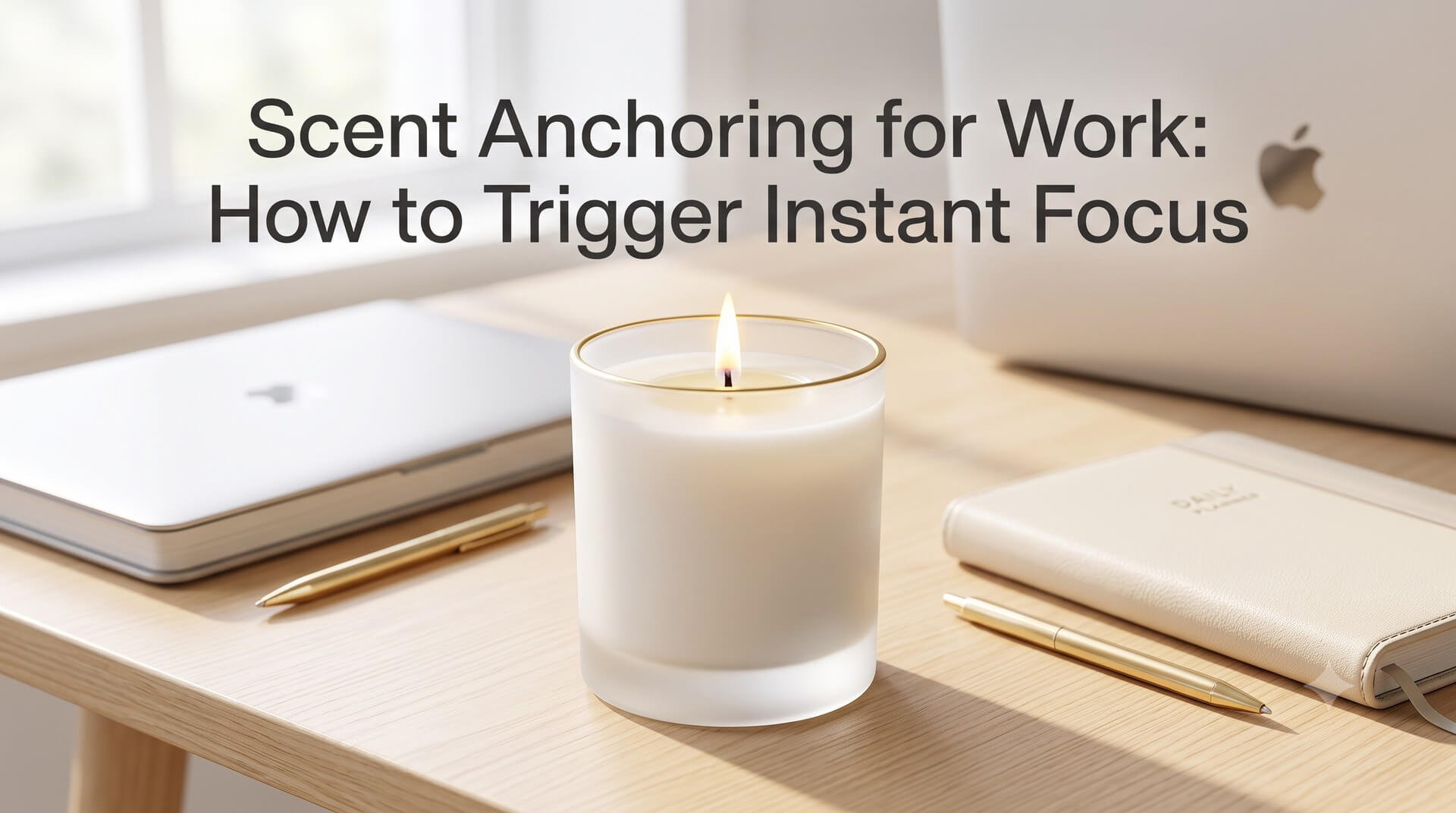 A bright workspace scene featuring a lit candle on a desk with a laptop and planner, titled "Scent Anchoring for Work: How to Trigger Instant Focus."