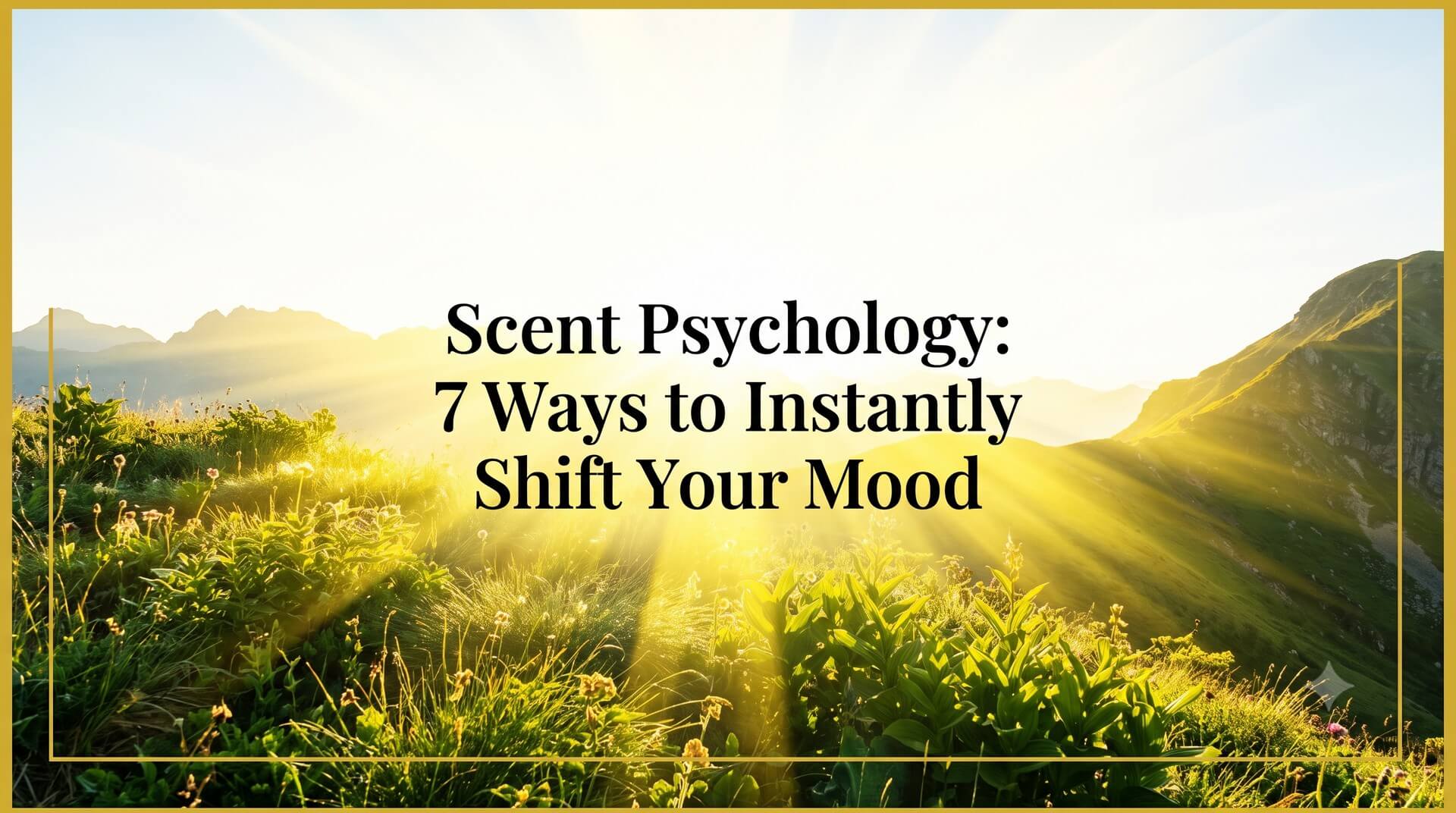 Image titled 'Scent Psychology: 7 Ways to Instantly Shift Your Mood' with bright mountain landscape at sunrise.