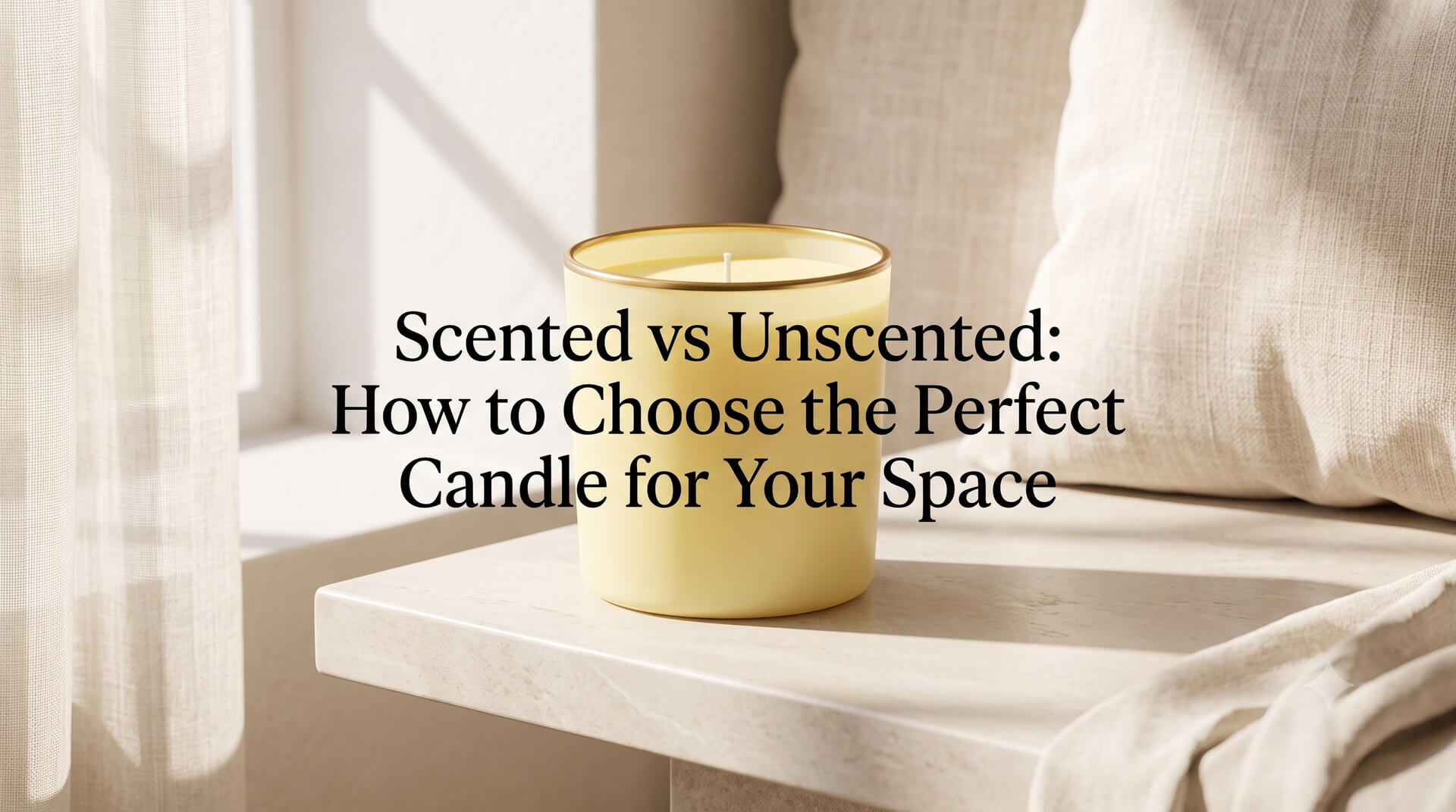 A pale yellow candle with a gold rim sitting on a stone window ledge in soft sunlight, with the title text "Scented vs Unscented: How to Choose the Perfect Candle for Your Space".