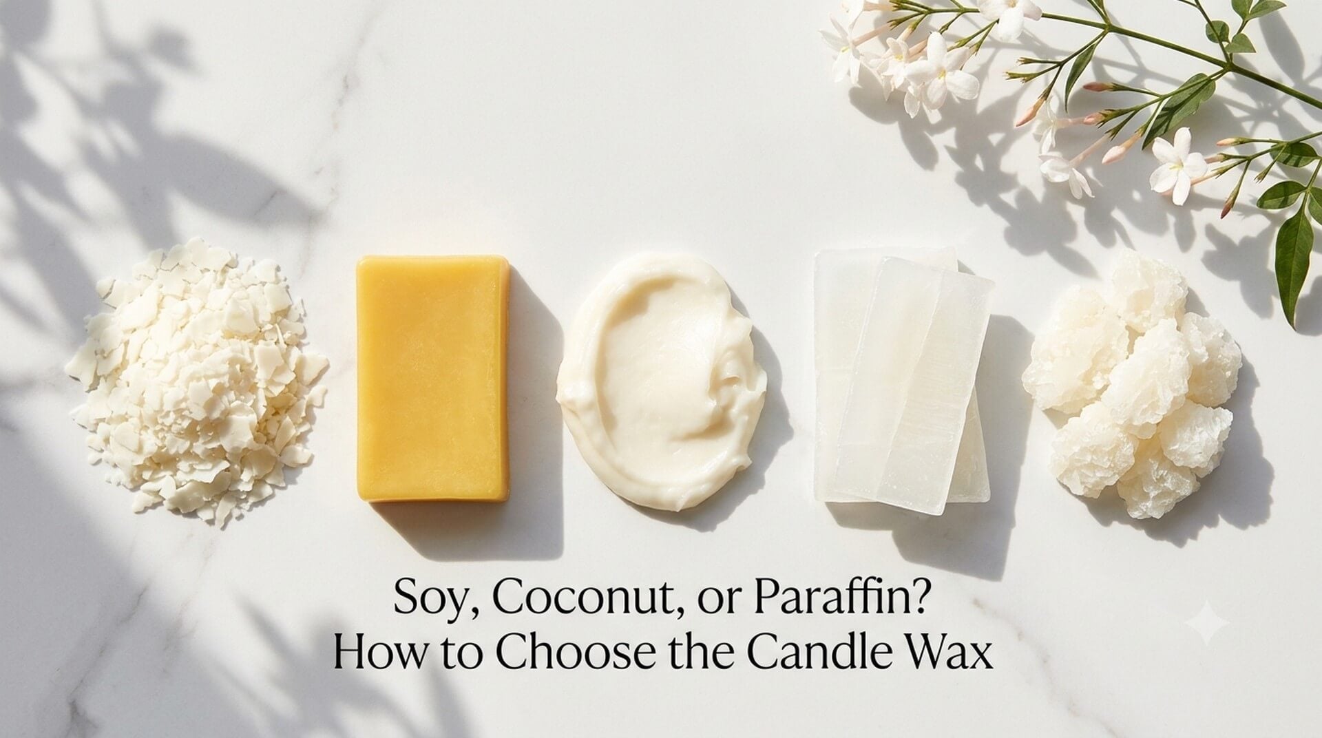 Educational flat lay showing raw soy, coconut, and paraffin wax ingredients, titled 'How to Choose the Best Candle Wax'.