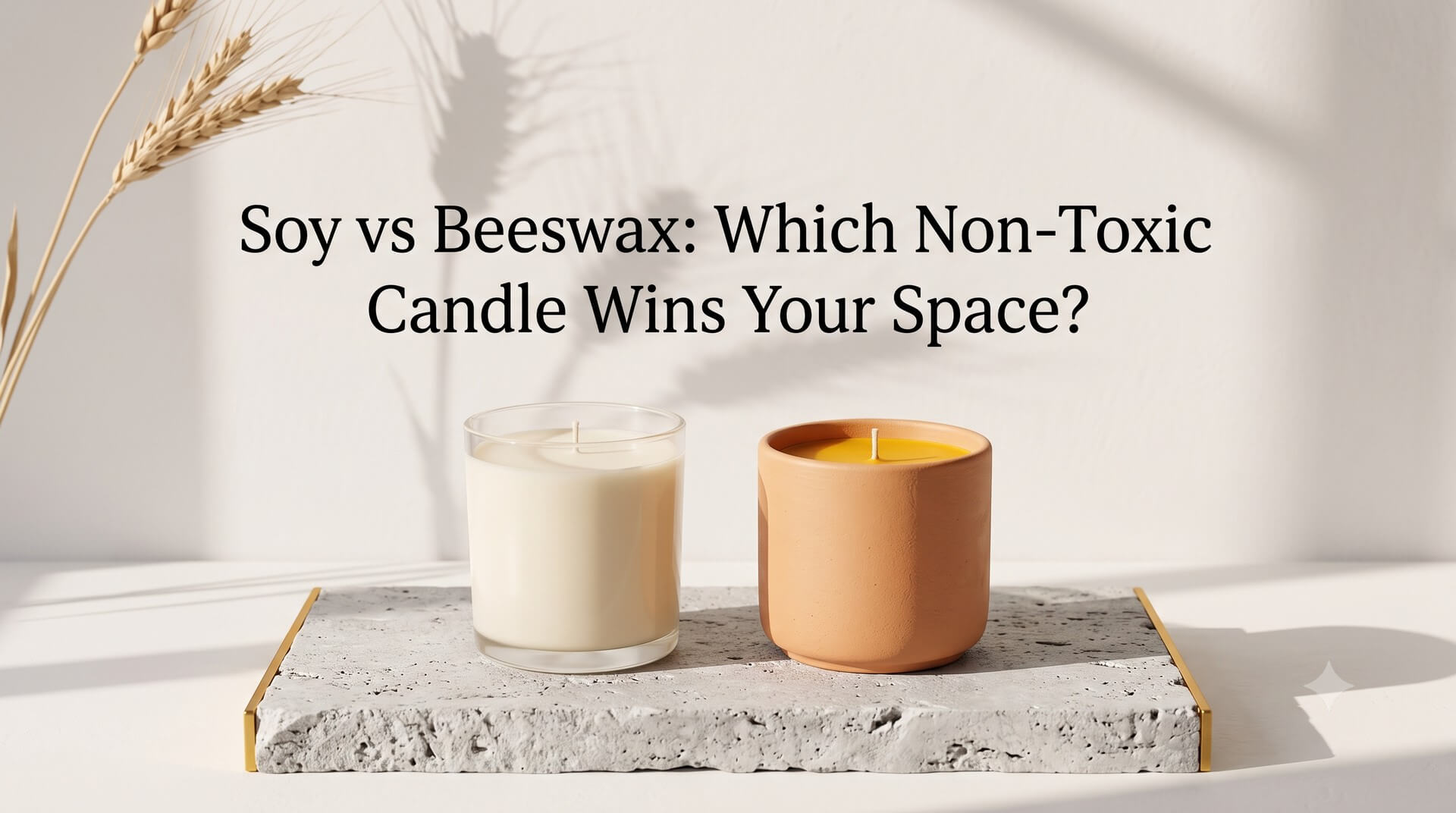 Two candles, one in a glass jar and one in a terracotta pot, with wheat stalks, titled 'Soy vs Beeswax: Which Non-Toxic Candle Wins Your Space?'.
