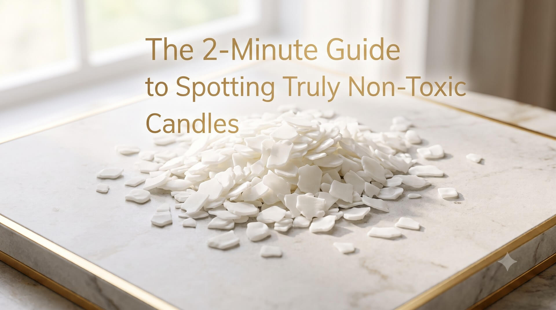 Image titled 'The 2-Minute Guide to Spotting Truly Non-Toxic Candles' with pile of pure soy wax flakes on marble.