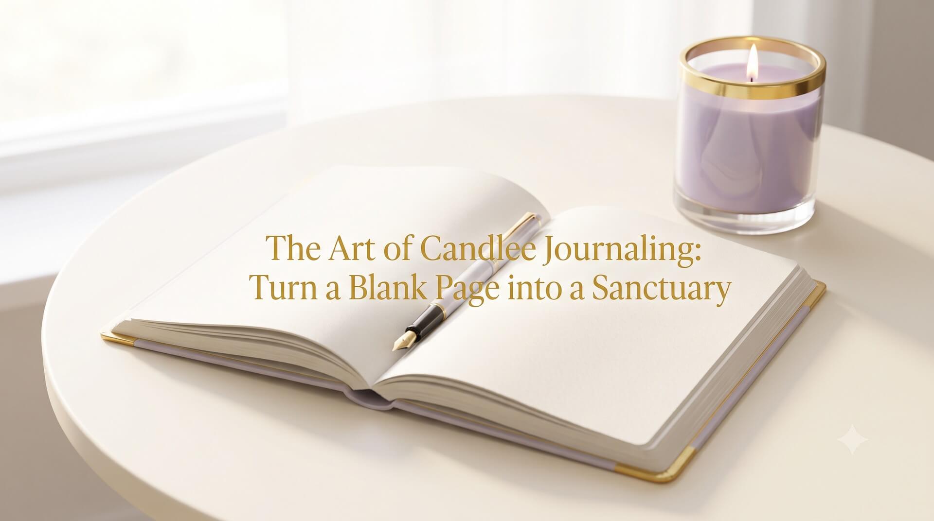 An open blank notebook with a fountain pen next to a lit lavender candle on a round table, featuring the text "The Art of Candle Journaling: Turn a Blank Page into a Sanctuary".