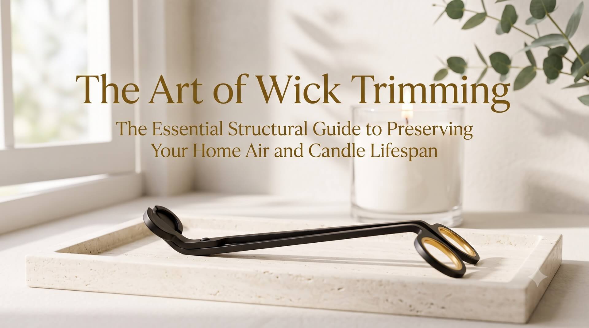 A professional candle wick trimmer resting on a stone tray, titled 'The Art of Wick Trimming: The Essential Structural Guide to Preserving Your Home Air and Candle Lifespan'.