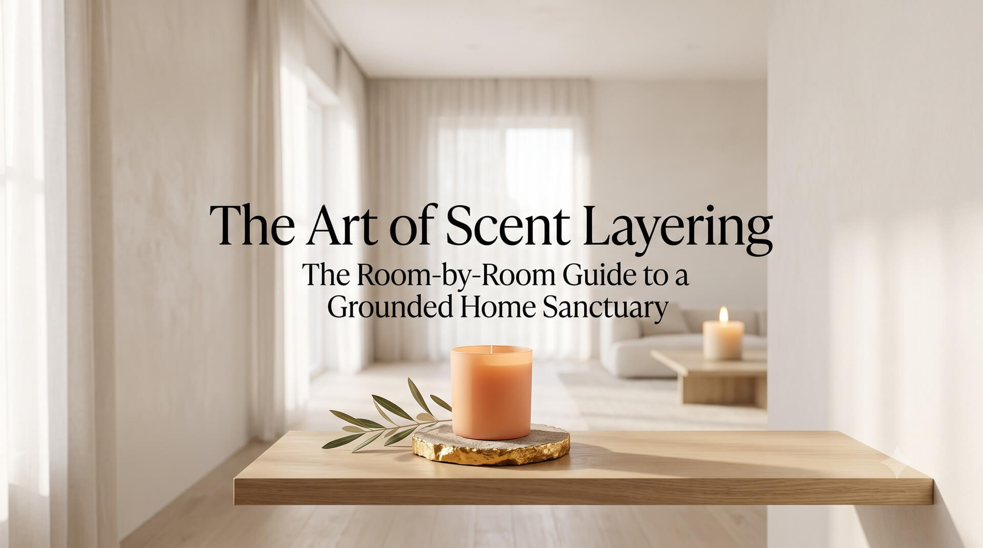 A minimal home sanctuary setup featuring an orange candle and olive sprig on a wooden shelf, titled 'The Art of Scent Layering: The Room-by-Room Guide to a Grounded Home Sanctuary'.