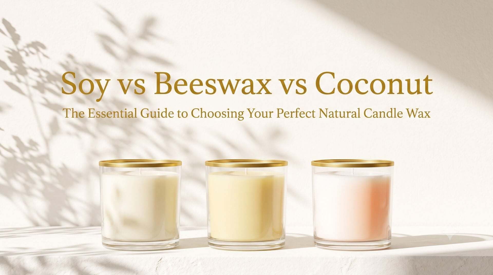 A bright, minimalist scene showing three glass candles with gold lids on a white surface, titled "Soy vs Beeswax vs Coconut: The Essential Guide to Choosing Your Perfect Natural Candle Wax".