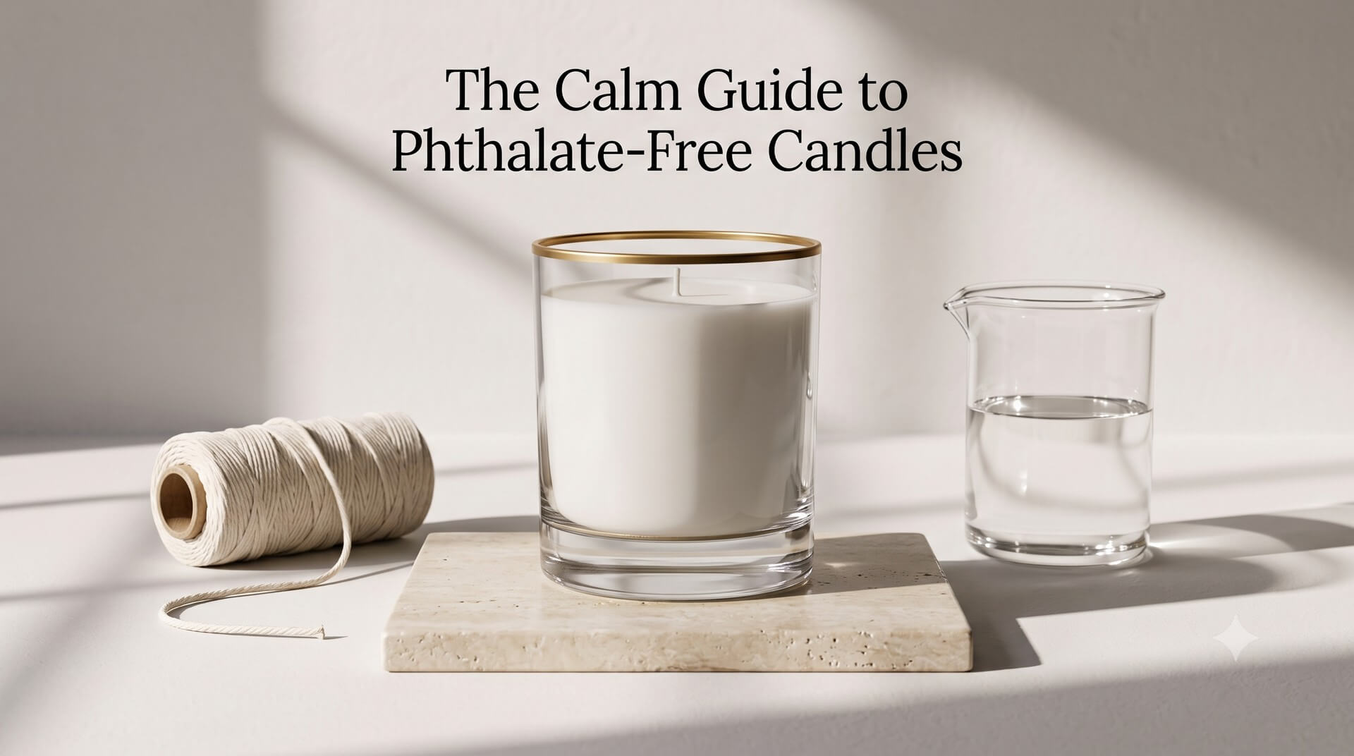 A white candle with a spool of wick and a beaker of water on a stone slab, titled 'The Calm Guide to Phthalate-Free Candles'.