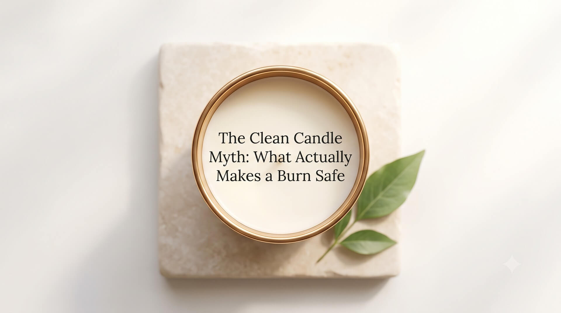 Top-down view of a cream-colored candle in a gold-rimmed jar resting on a beige stone tile next to a green leaf, with text on the wax reading "The Clean Candle Myth: What Actually Makes a Burn Safe".