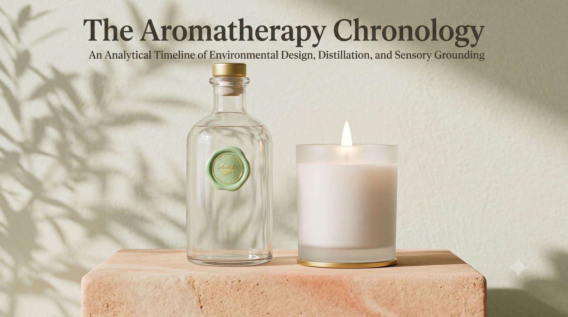 An elegant apothecary bottle and a lit candle on a pedestal, titled 'The Aromatherapy Chronology: An Analytical Timeline of Environmental Design, Distillation, and Sensory Grounding'.
