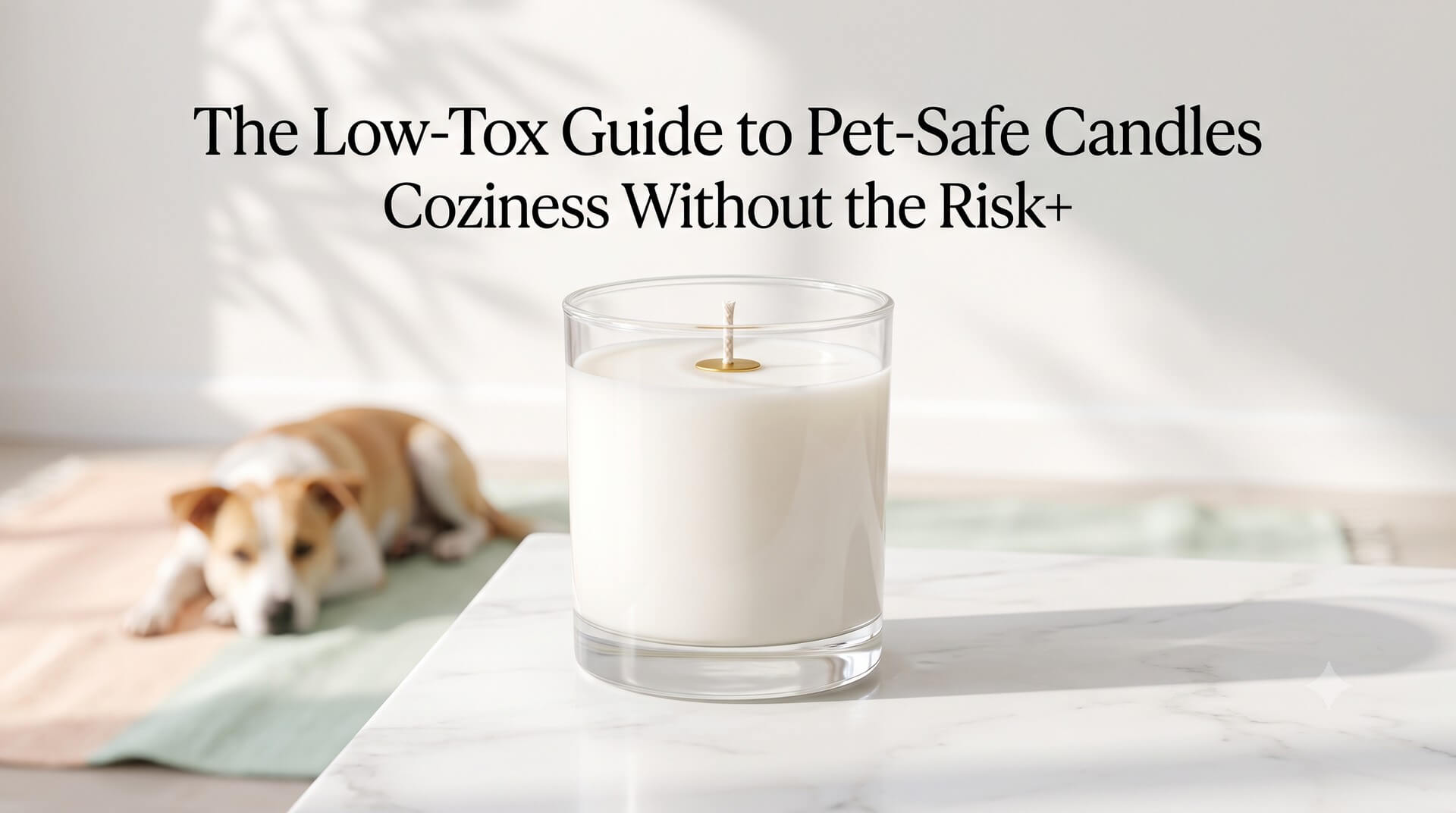 A pet dog resting in the background behind a clear glass candle on a marble table, with the title "The Low-Tox Guide to Pet-Safe Candles: Coziness Without the Risk+".