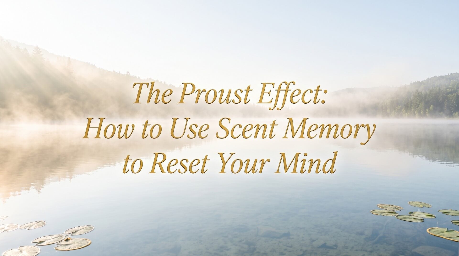 Image titled 'The Proust Effect: How to Use Scent Memory to Reset Your Mind' with misty lake and forest landscape.