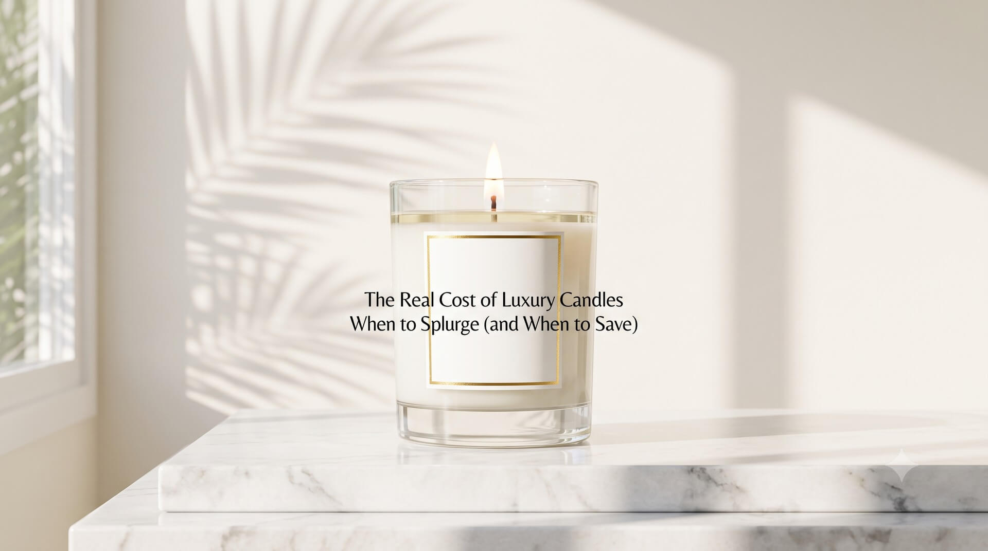 A single lit candle on a marble surface in a sunlit room, titled "The Real Cost of Luxury Candles: When to Splurge (and When to Save)".