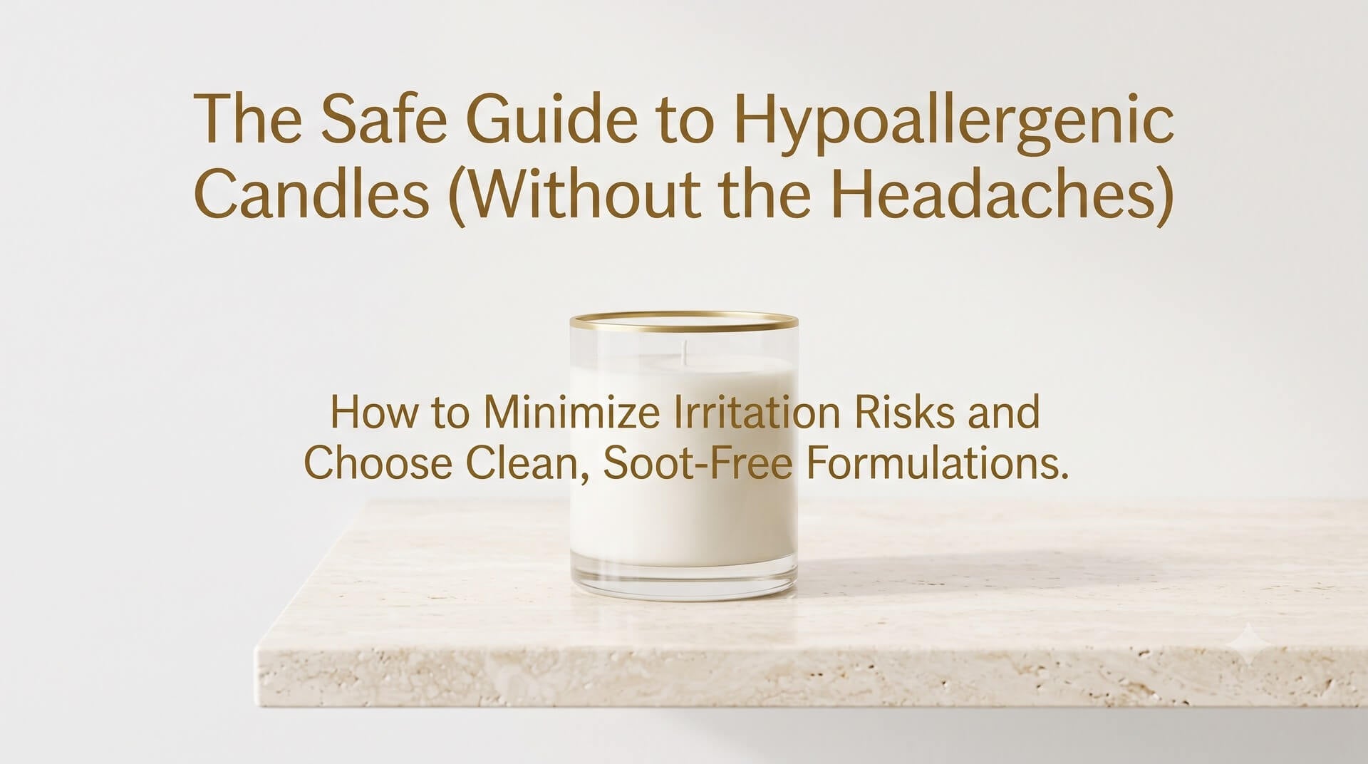 Image titled 'The Safe Guide to Hypoallergenic Candles (Without the Headaches)' with clean burning candle on marble surface.