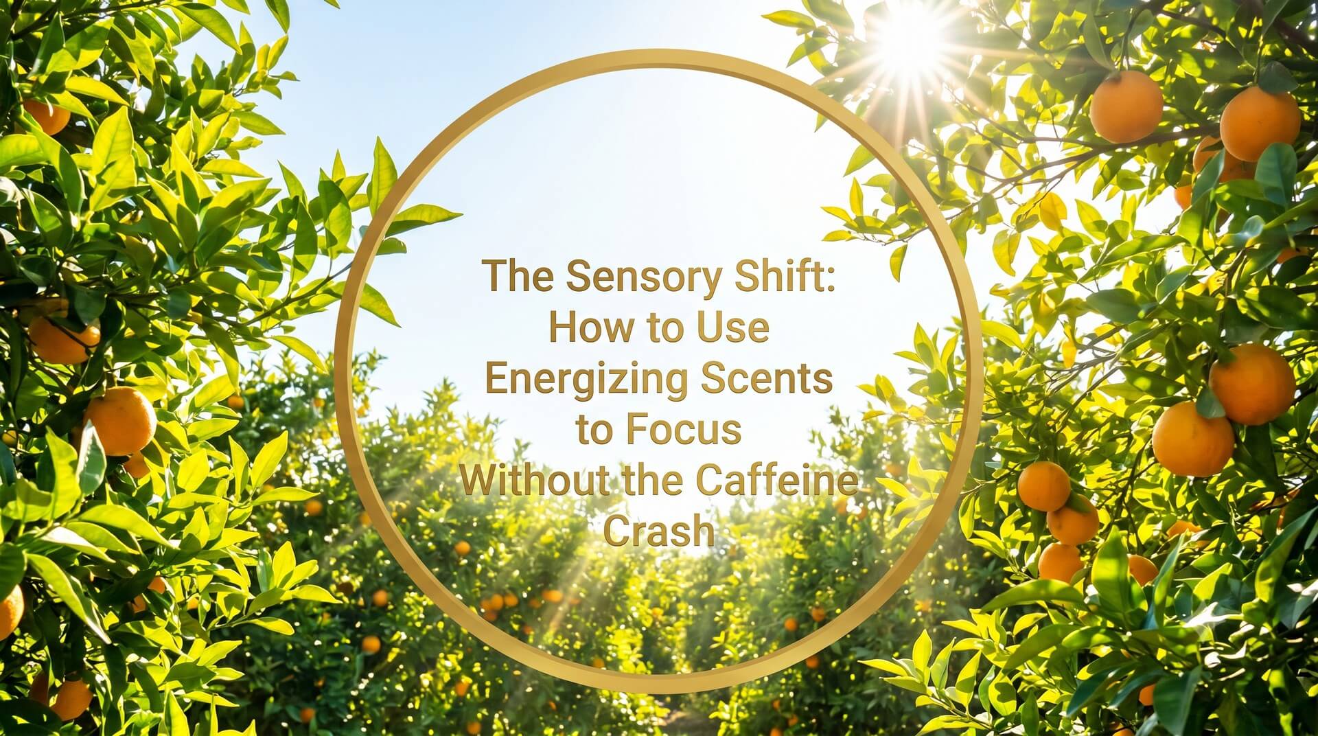 Image titled 'The Sensory Shift: How to Use Energizing Scents to Focus Without the Caffeine Crash' with bright orange tree canopy.
