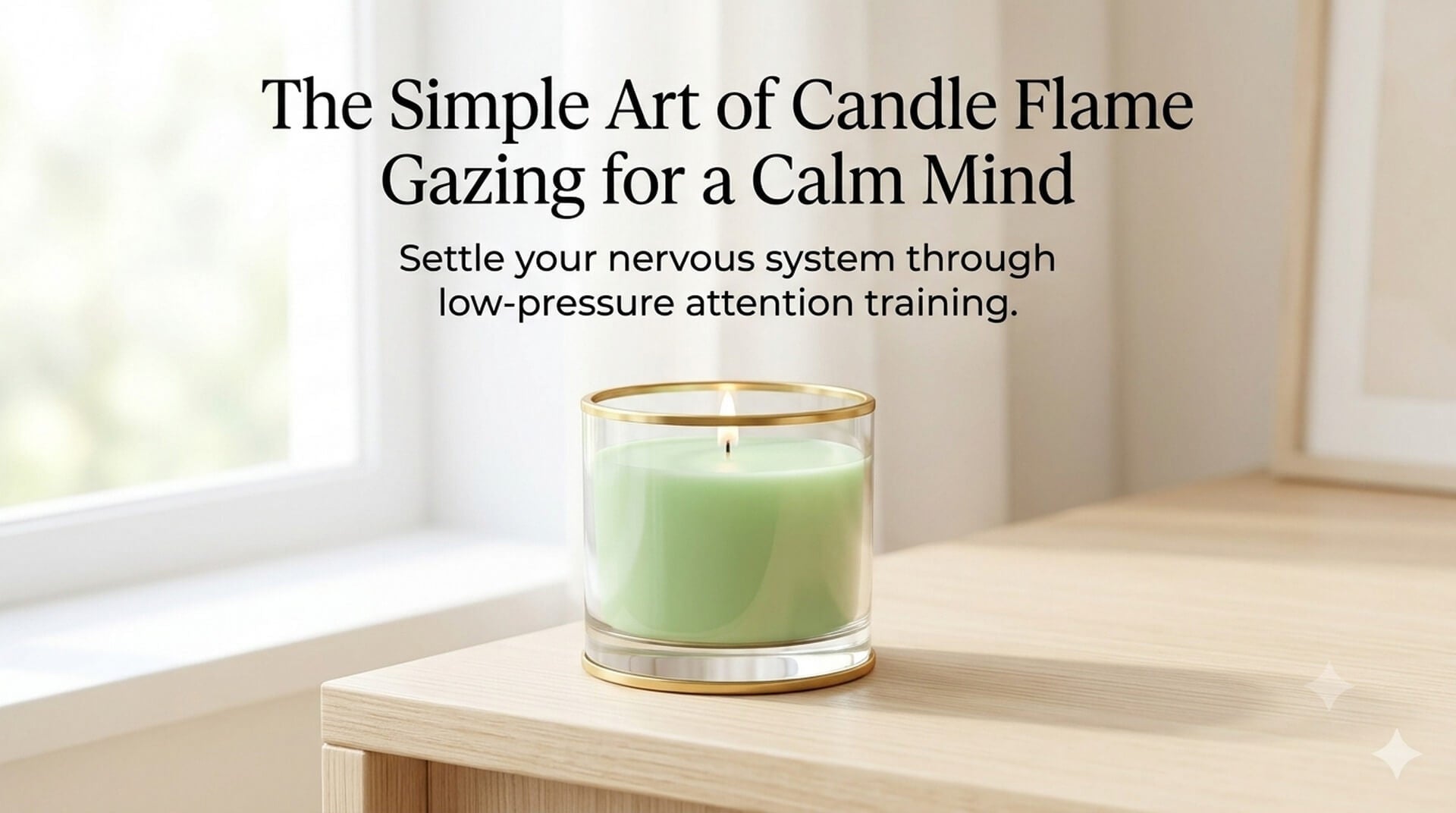 A lit light-green candle in a clear glass jar with a gold rim sitting on a wooden desk near a bright window, with the text "The Simple Art of Candle Flame Gazing for a Calm Mind".