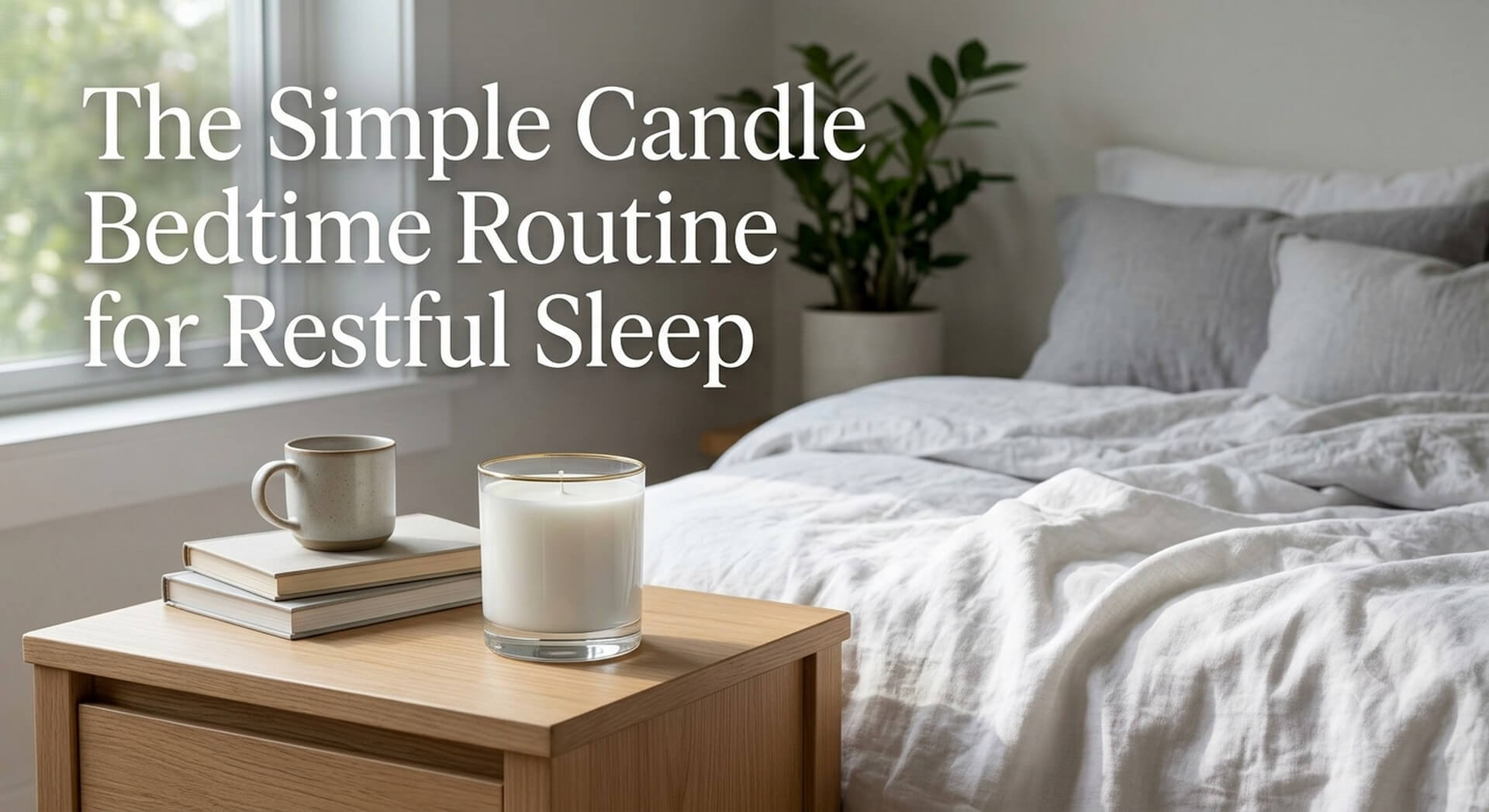 A cozy bedroom scene showing a white candle with a gold rim and a coffee mug on stacked books on a wooden nightstand, with the text "The Simple Candle Bedtime Routine for Restful Sleep".