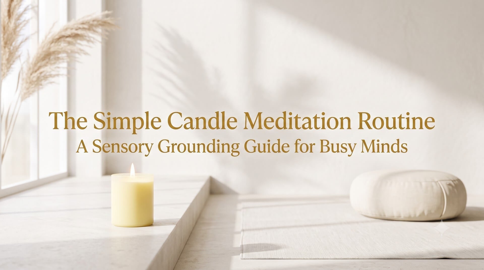 A serene room with a meditation cushion and a lit candle on a window ledge, titled "The Simple Candle Meditation Routine: A Sensory Grounding Guide for Busy Minds".