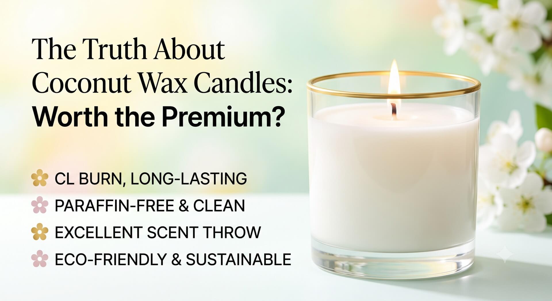 Lit white candle in a glass jar with gold rim. Title: "The Truth About Coconut Wax Candles: Worth the Premium?" List of benefits including clean burn, paraffin-free, excellent scent throw, and eco-friendly properties.