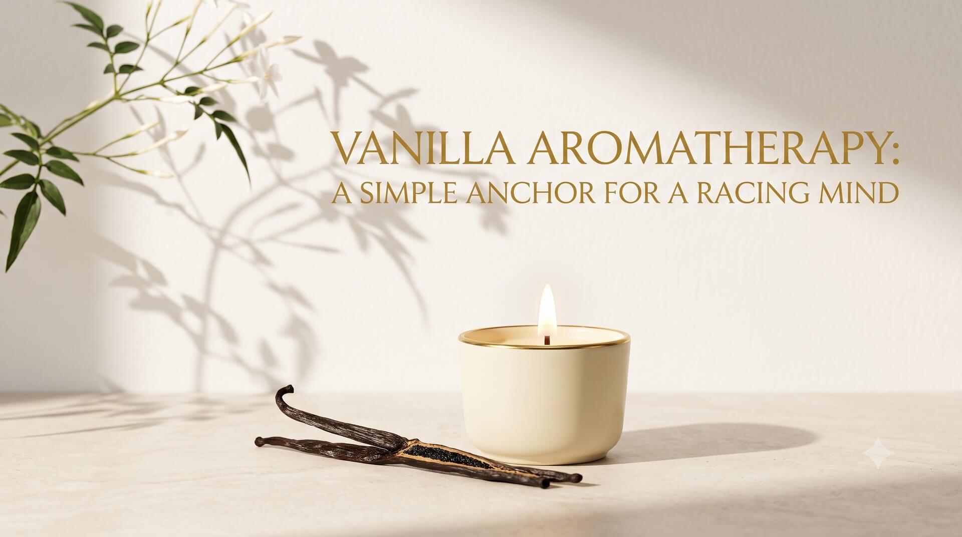 A serene display featuring a lit cream-colored candle next to fresh vanilla beans, titled 'Vanilla Aromatherapy: A Simple Anchor for a Racing Mind'.
